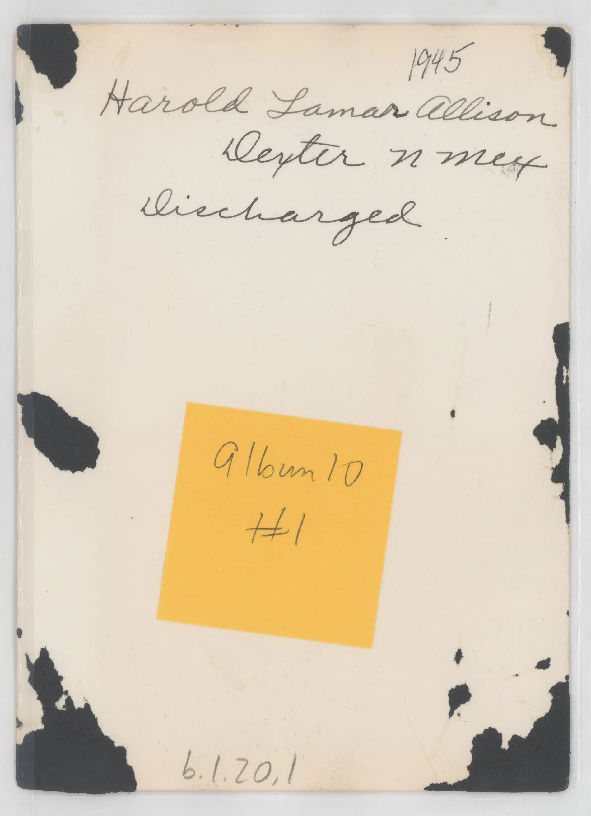 Verso: [Harold Allison shortly after being discharged from military in 1945]