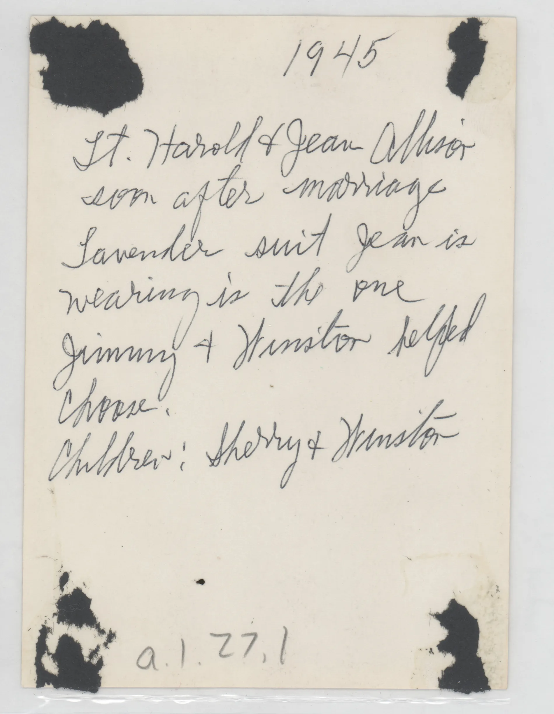 Verso: [Harold and Jean Allison with niece and nephew Sherry and Winston]