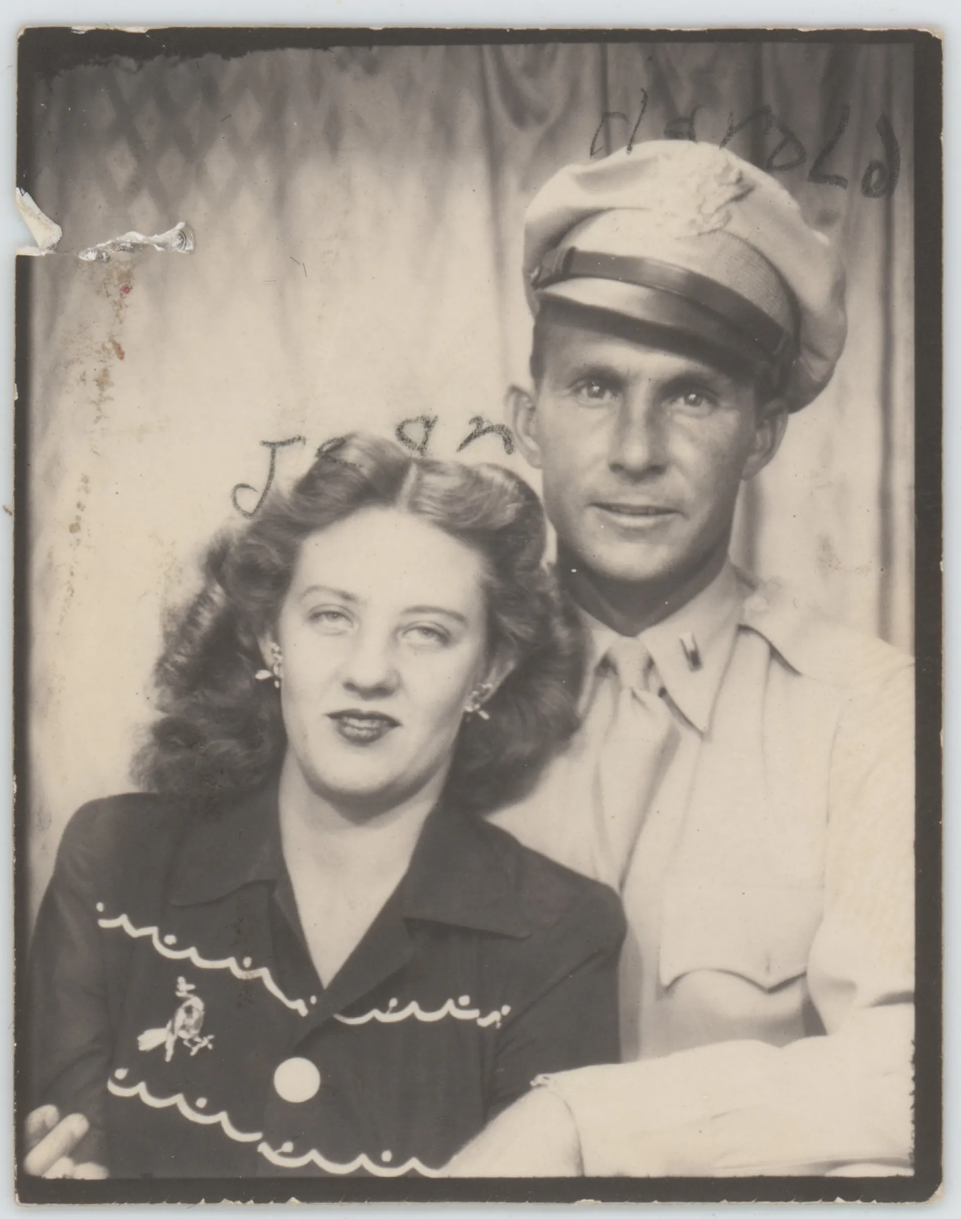 This photograph depicts Harold and Jean Allison in an informal portrait. Jean and Harold are each identified. This photograph was likely produced around the time they were married in 1944.