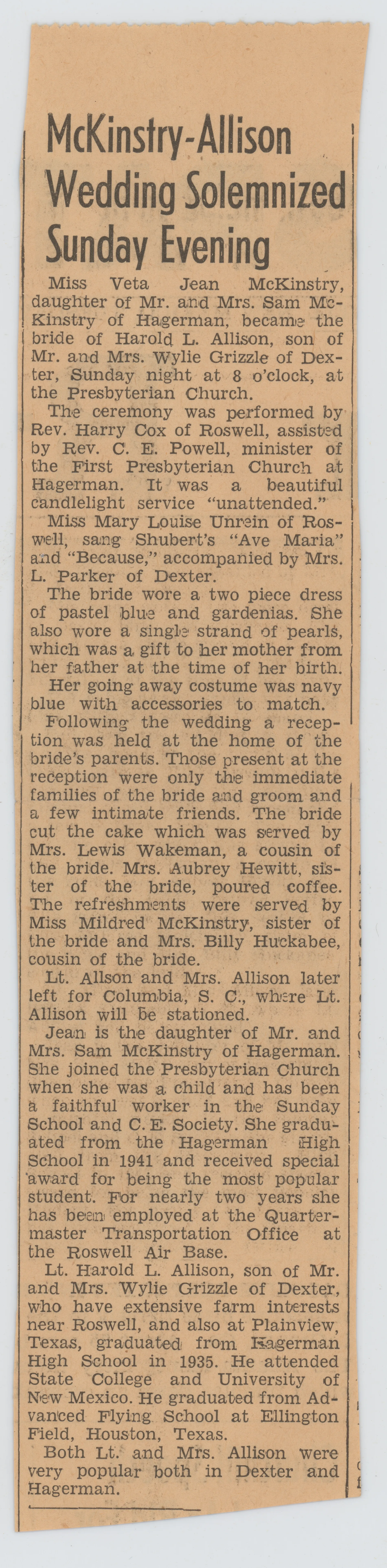 This newspaper article highlights the wedding of Harold and Jean Allison on March 26th, 1944.