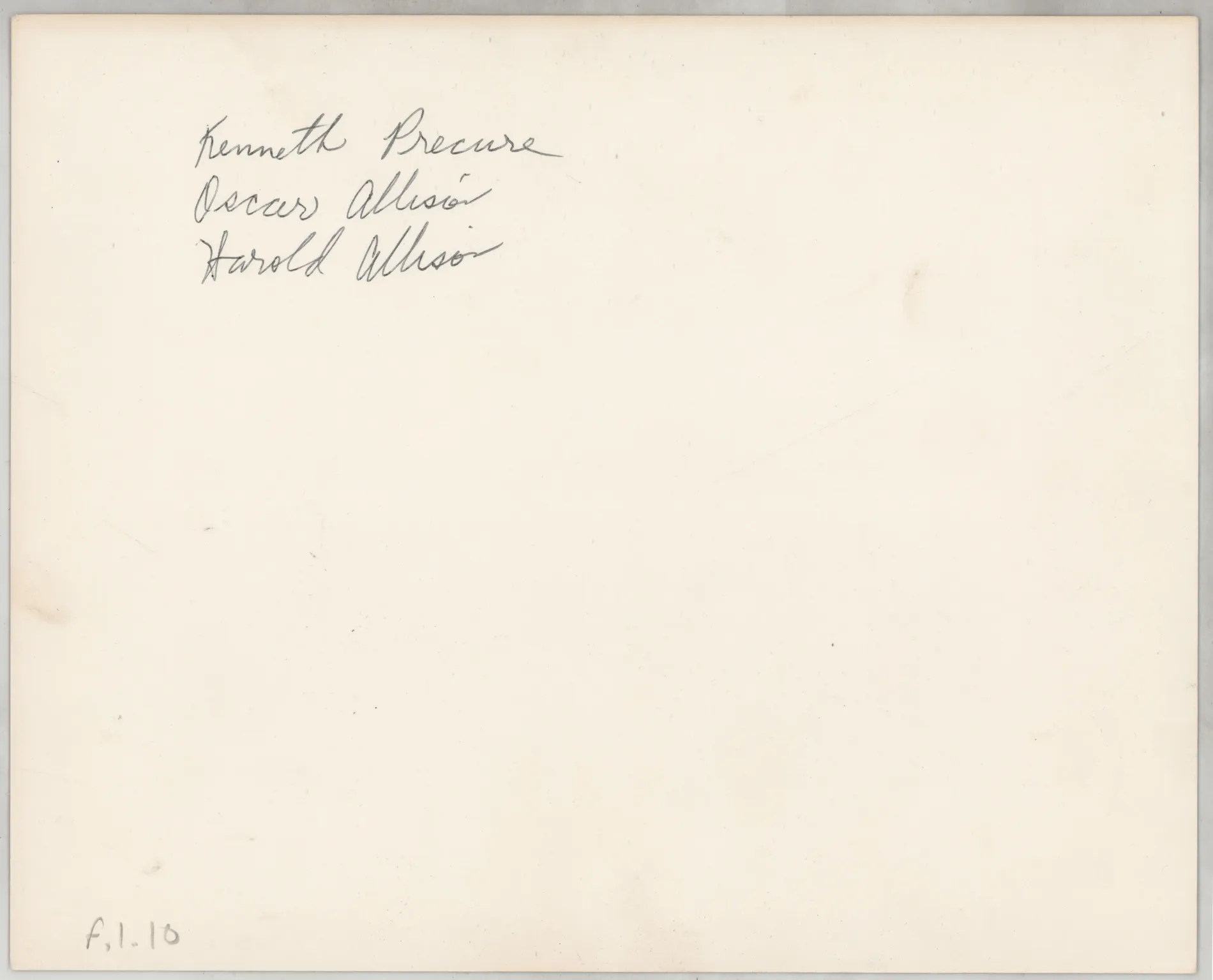 Verso: [Kenneth Precure, Oscar Allison, and Harold Allison with mustaches]