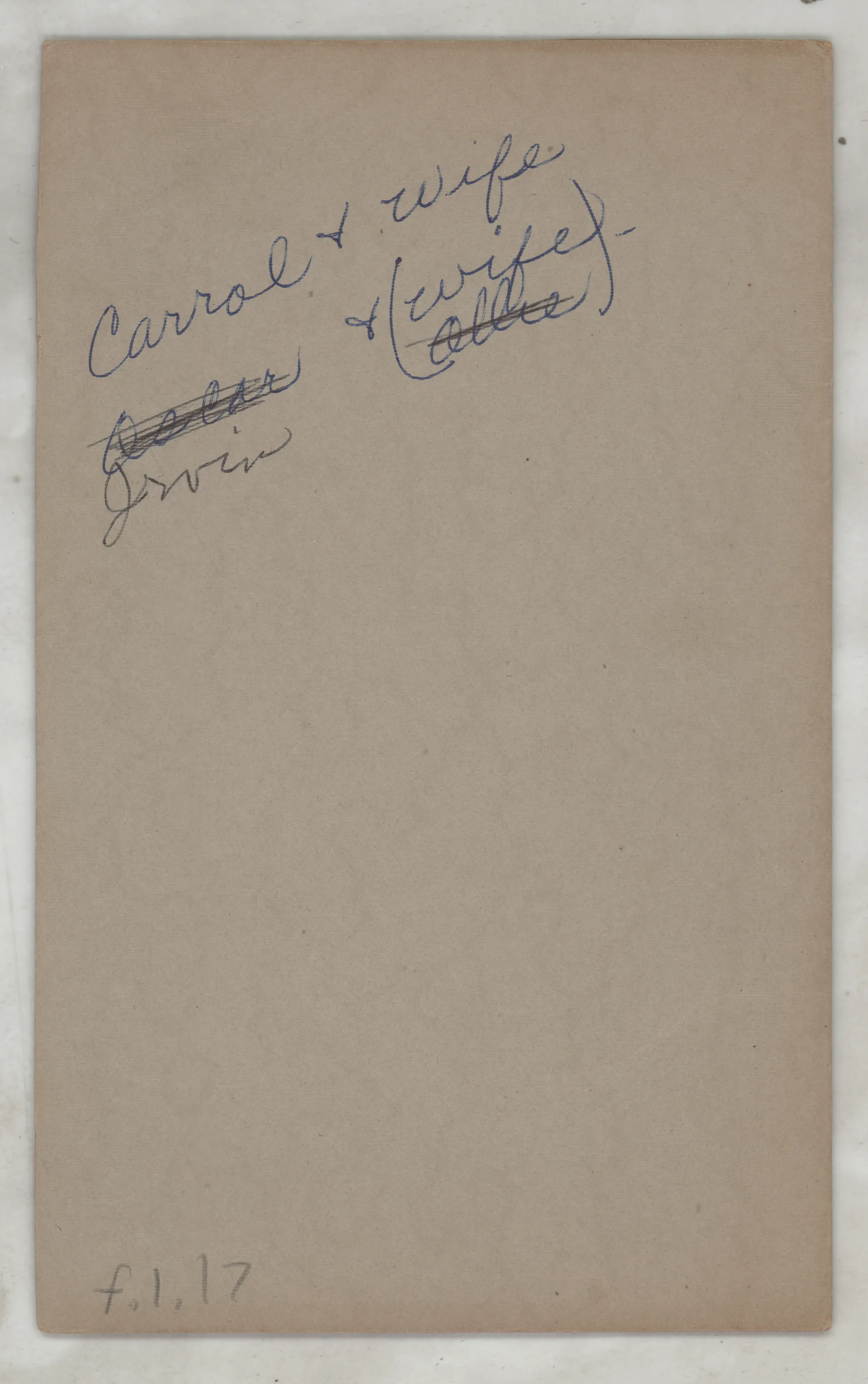 Verso: [Formal portrait of Joseph Carroll and Sarah Edna Allison with Ned and Mary Melvin Hogan]