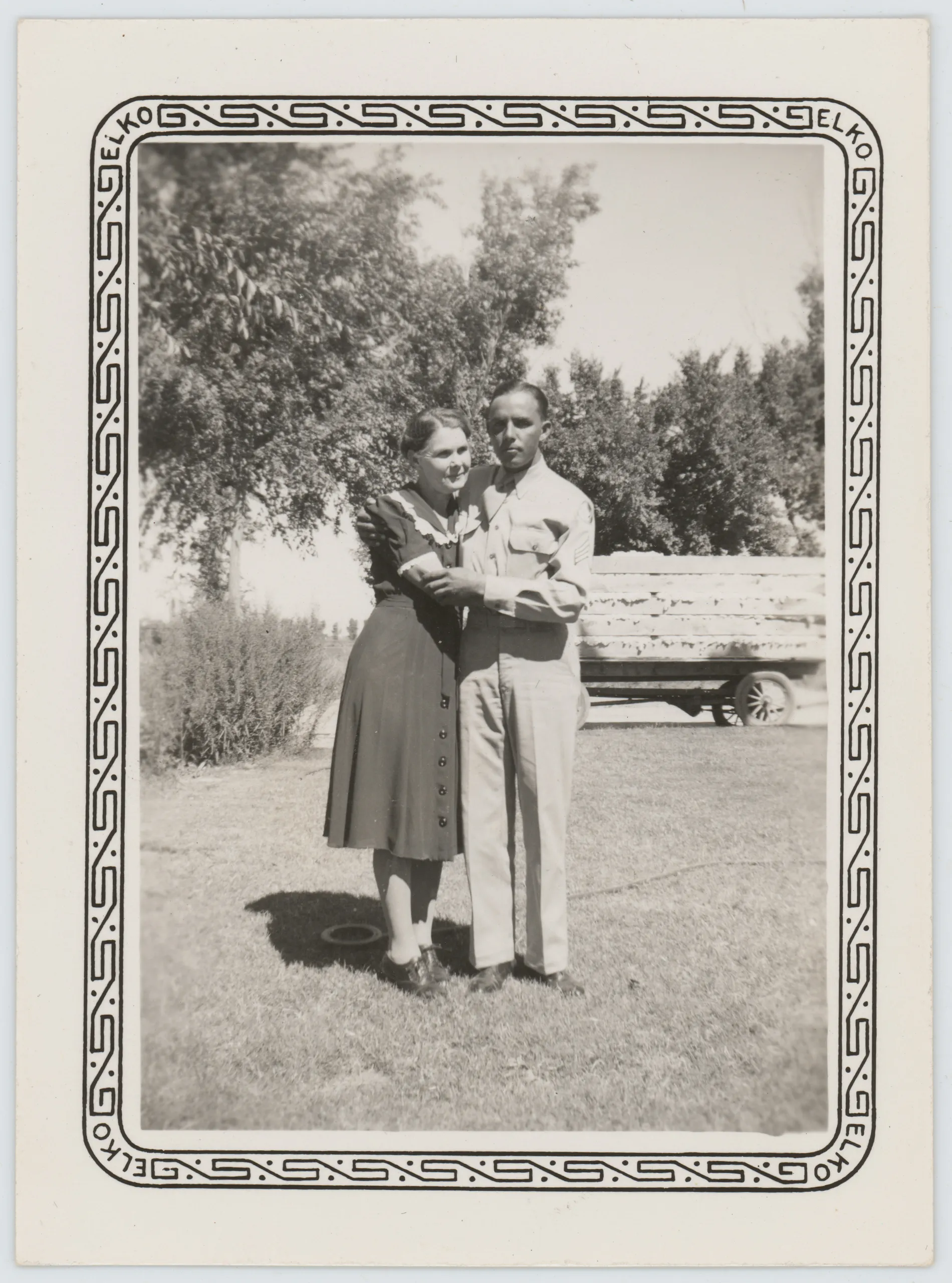 This is a photograph of Oscar Ingle Allison hugging his mother, Ollie Grizzle. This may have been taken shortly after Oscar returned from being a prisoner of war in Europe during World War II.