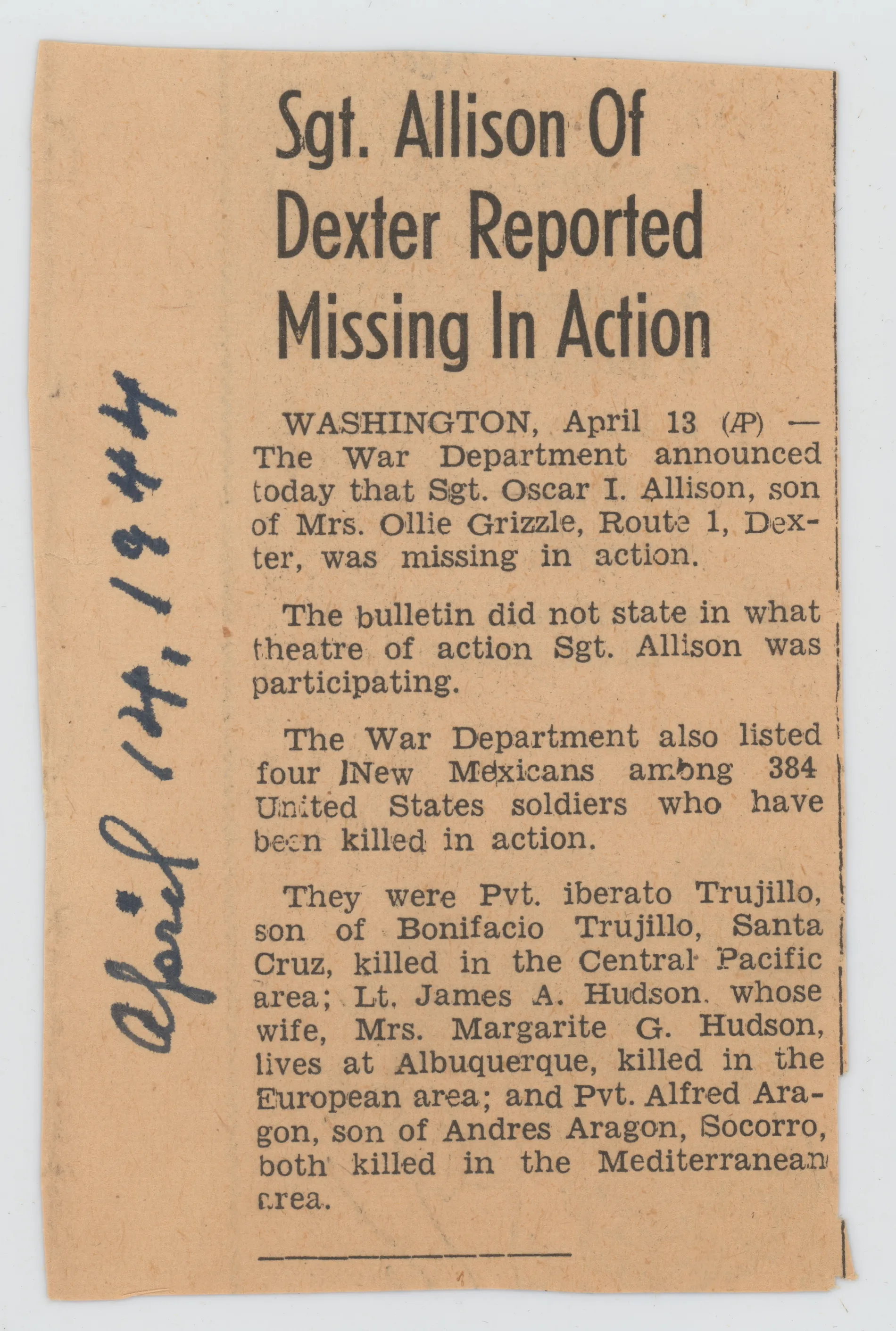 This April 14, 1944 article from the Roswell Daily Record notes that Oscar Allison was reported missing in action.