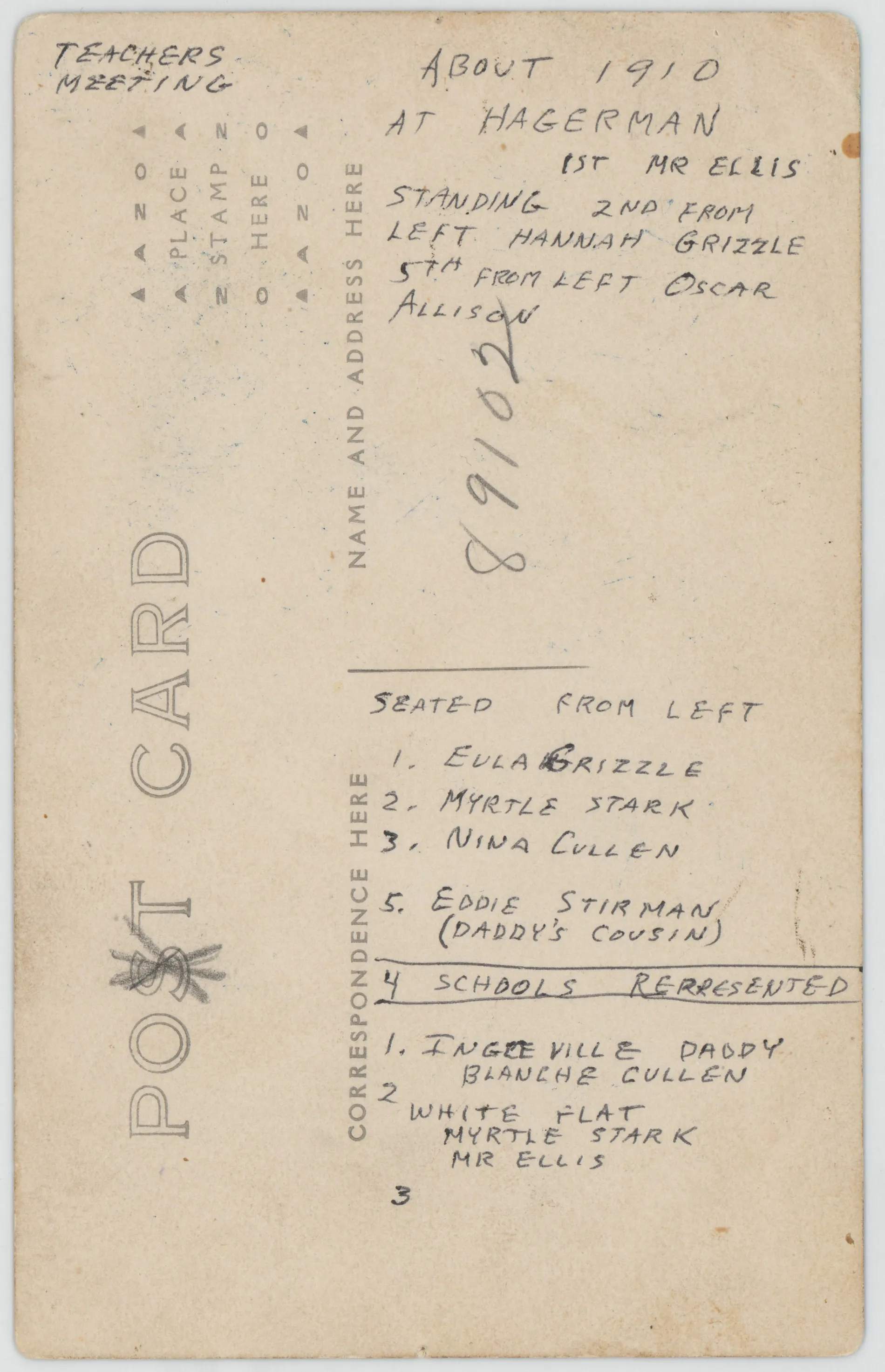 Verso: [Oscar Allison at a teacher meeting at Hagerman in 1910]