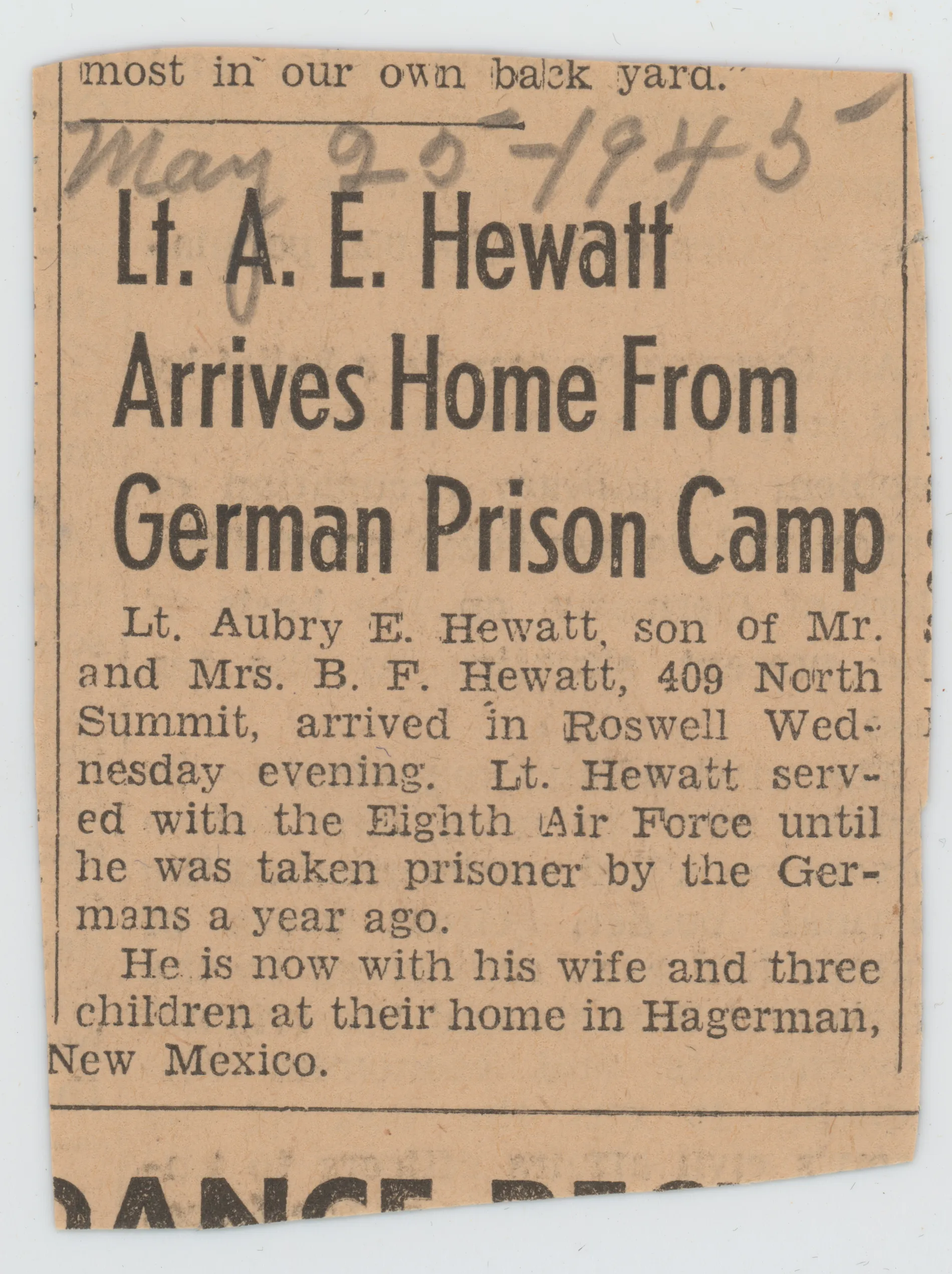 This newspaper details the return of Aubrey Hewatt home from a German prison camp in 1945.