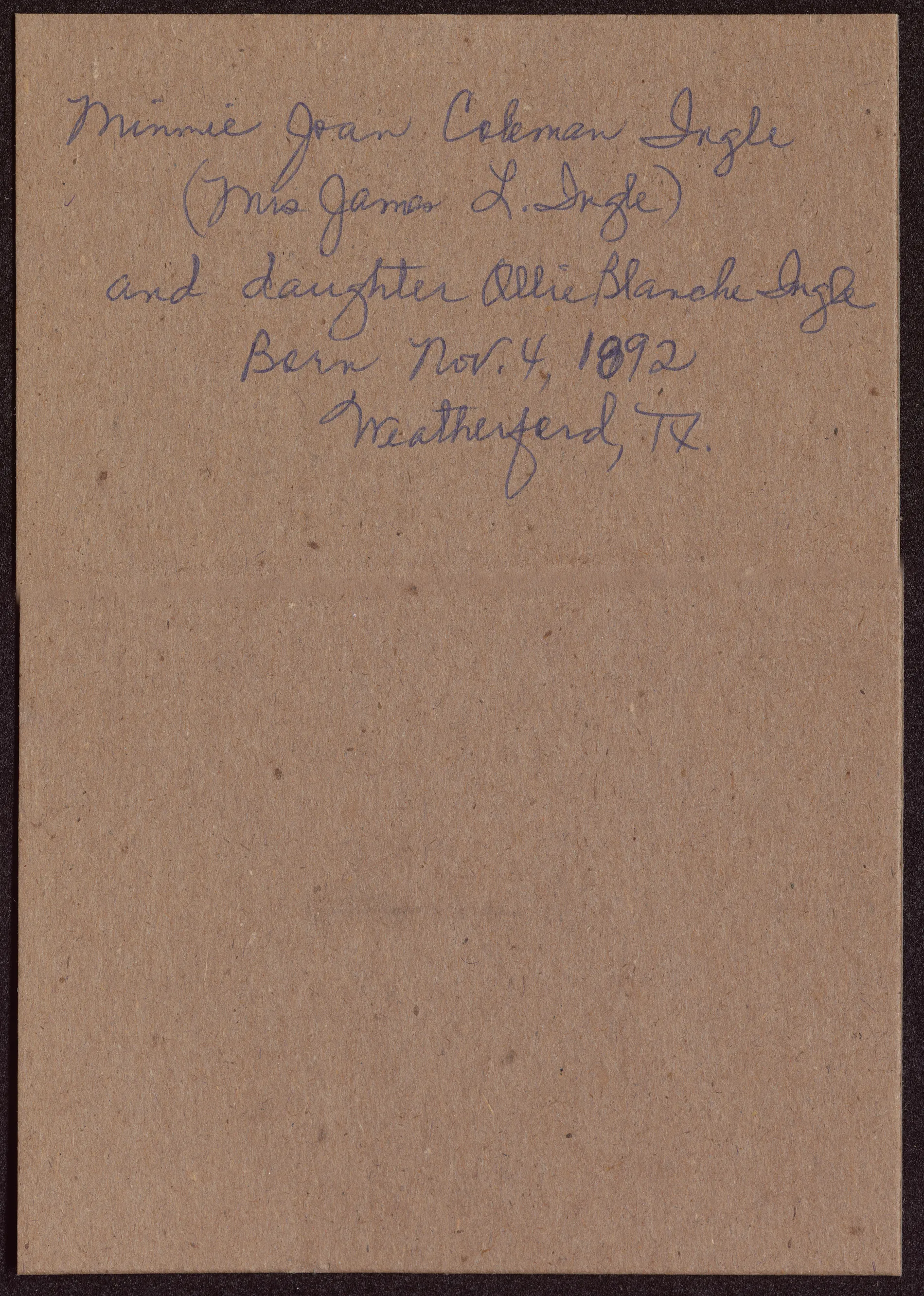 Verso: [Portrait of Minnie and Ollie Ingle]