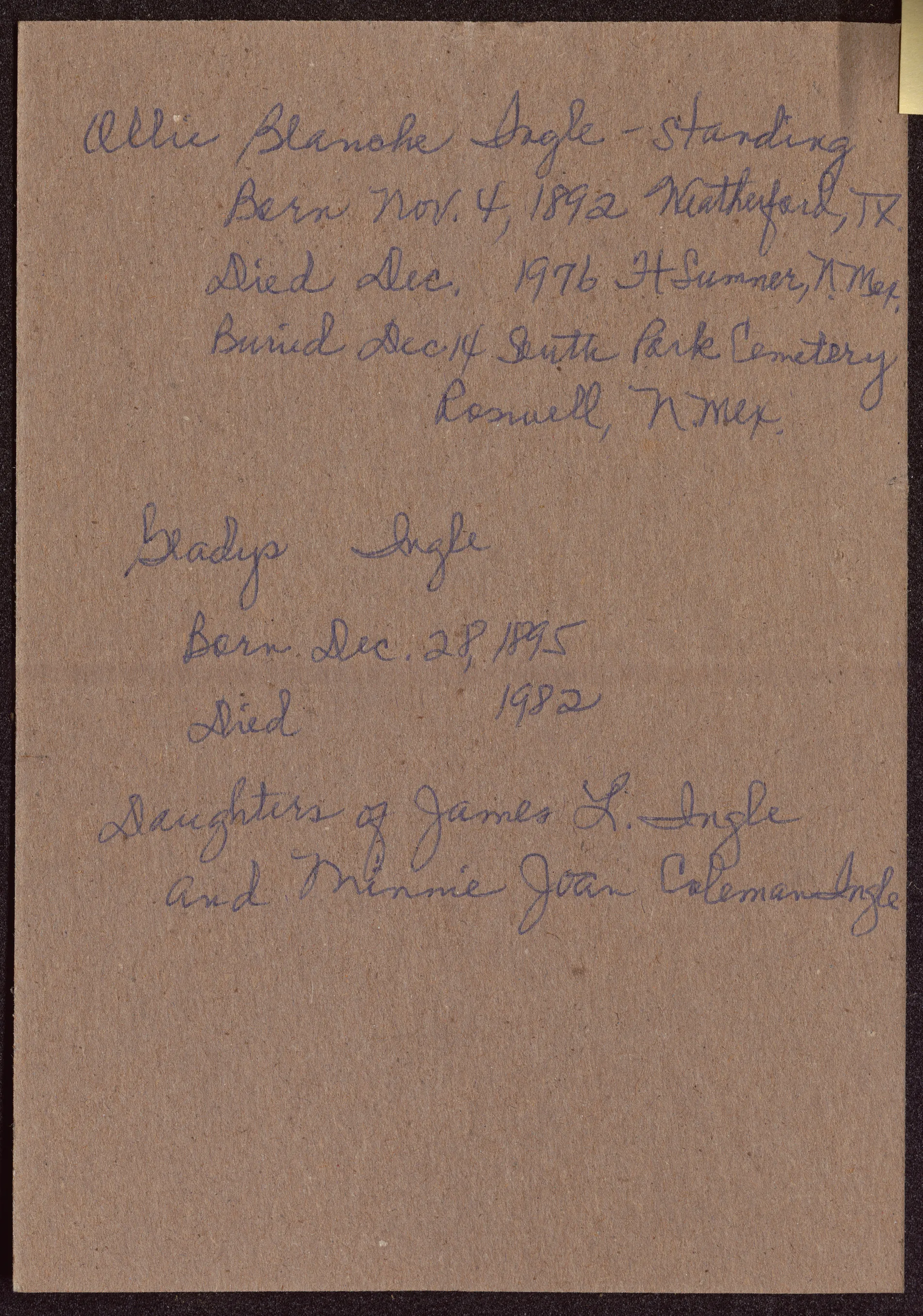 Verso: [Portrait of Ollie and Gladys Ingle]