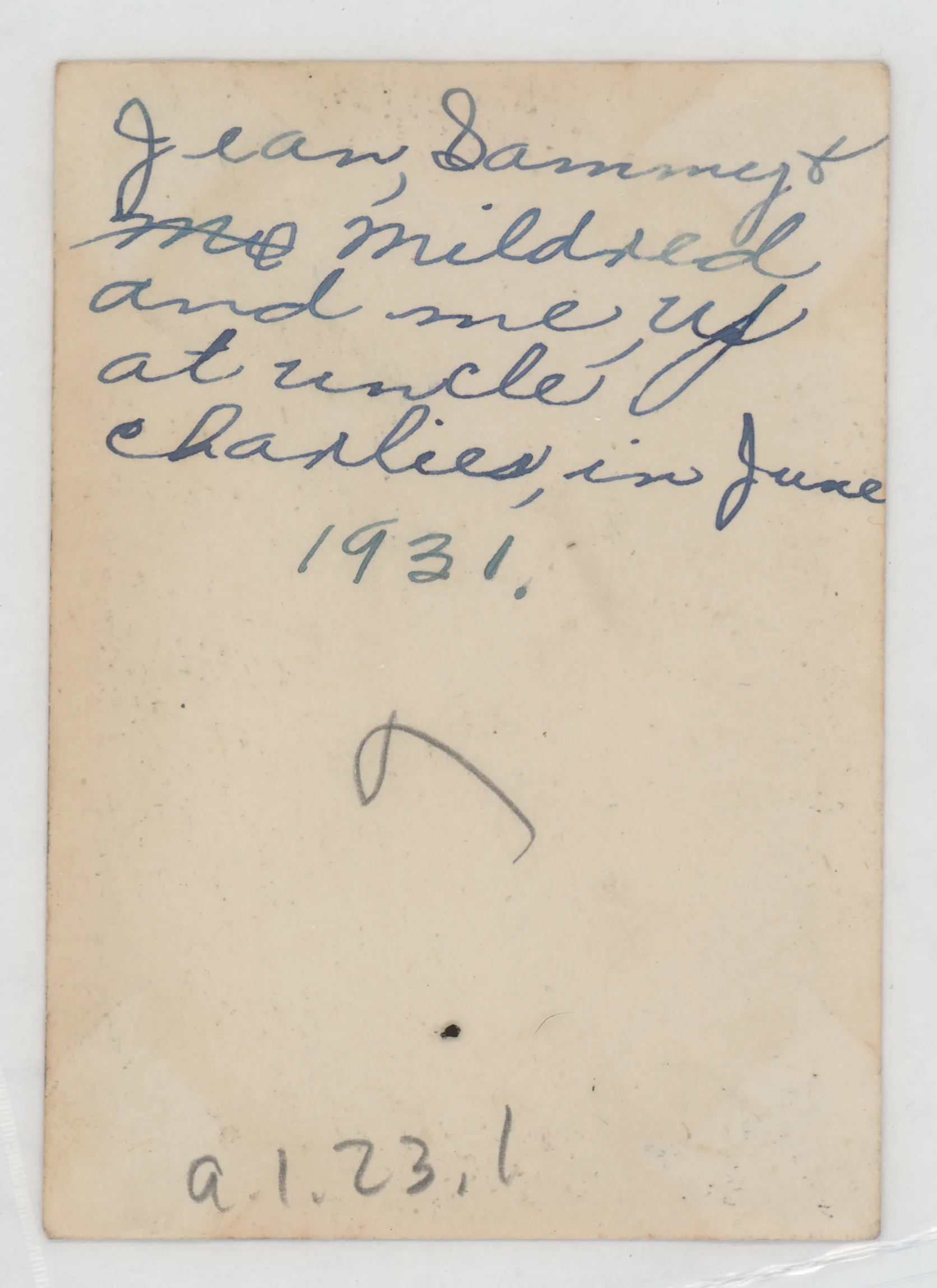 Verso: [Sammy, Jean, and Mildred McKinstry and a cousin Ruth]