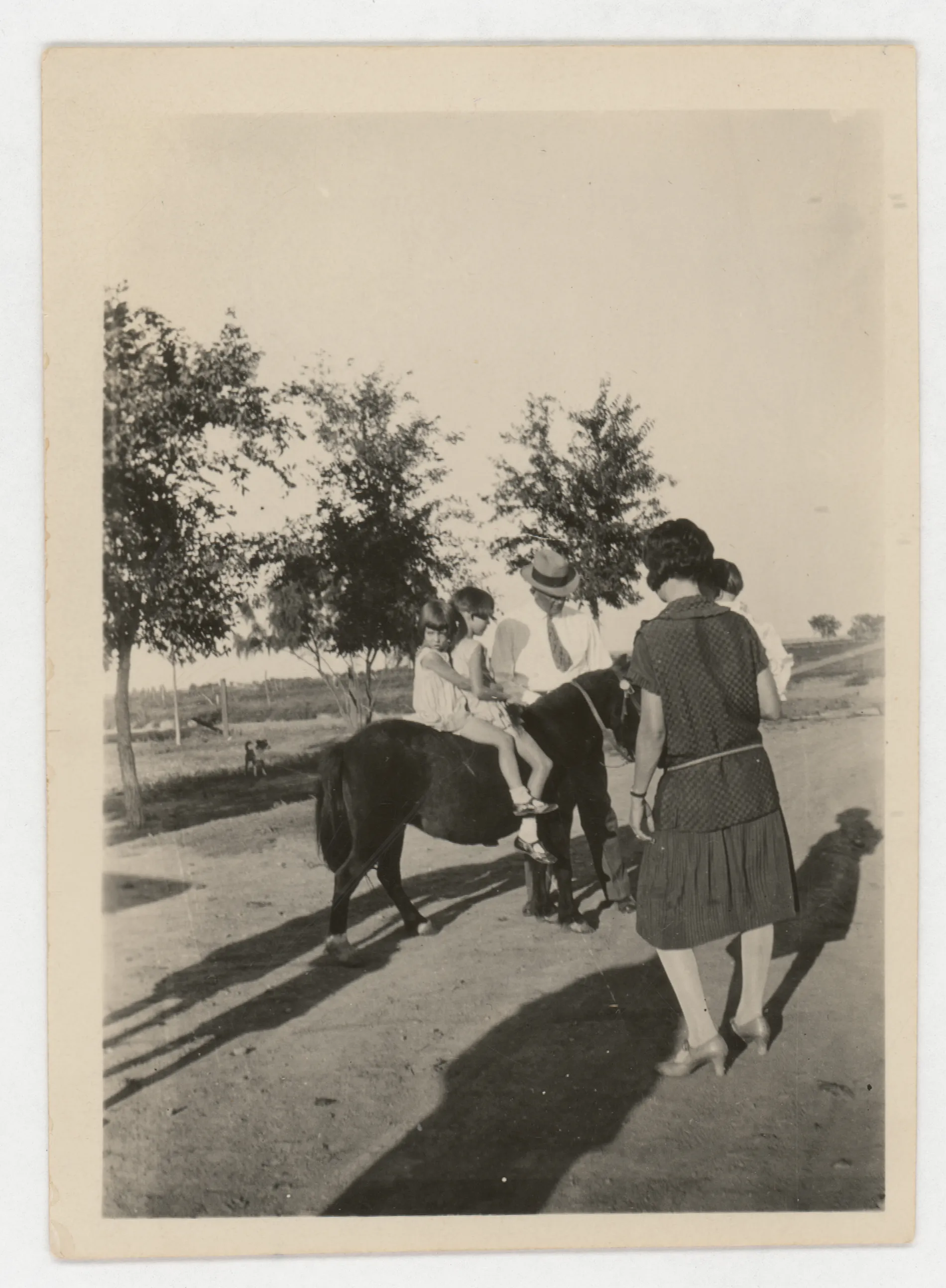 This photograph depicts all five members of the Sam and Loveta McKinstry family. Sammy and Jean are on a horse, while Sam stands near the horse. Loveta and Mildred are in the foreground with their backs turned to the camera.