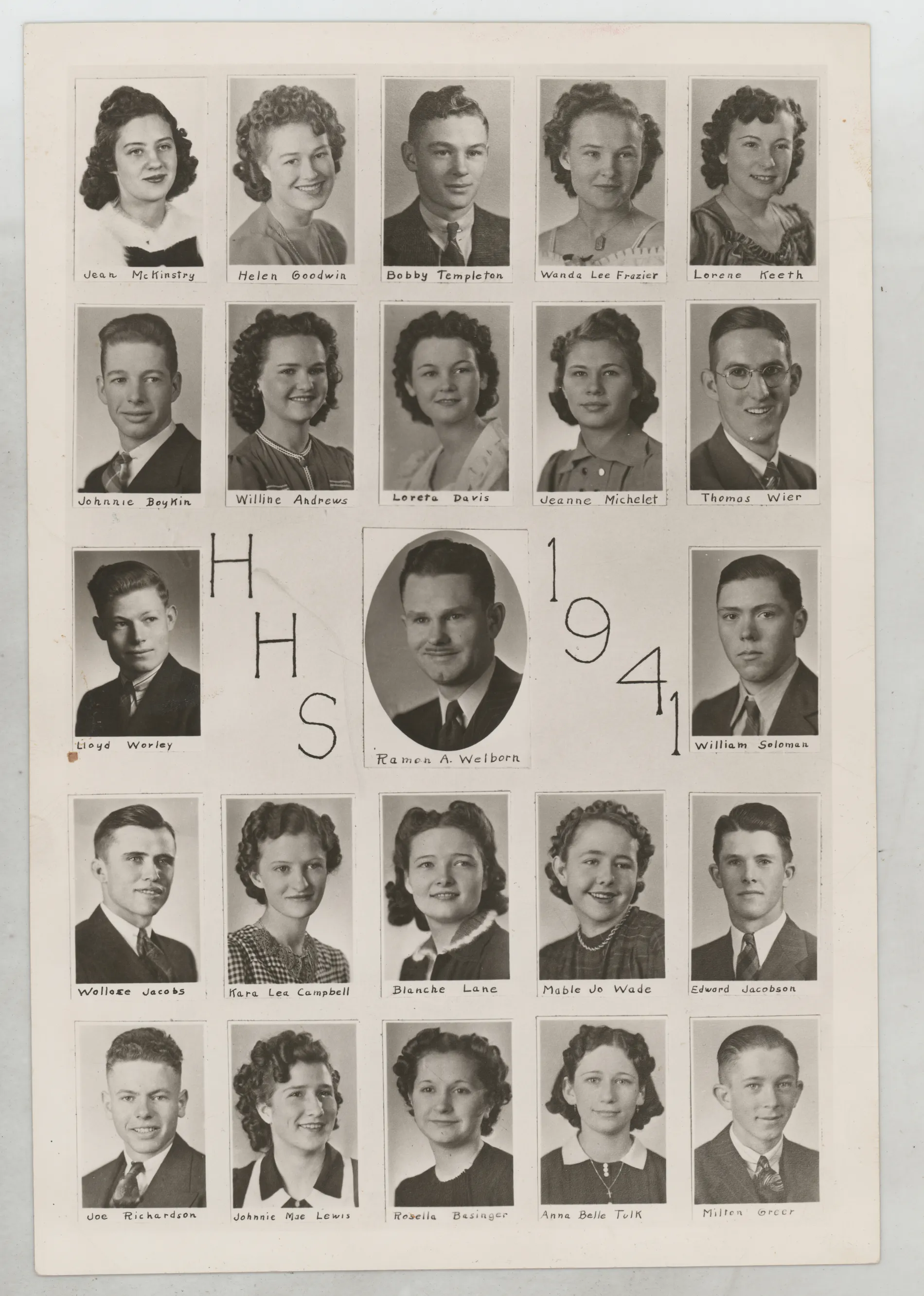 This photograph depicts the 1941 graduating class of Hagerman High School. Jean McKinstry's picture is the first photograph in the top row.