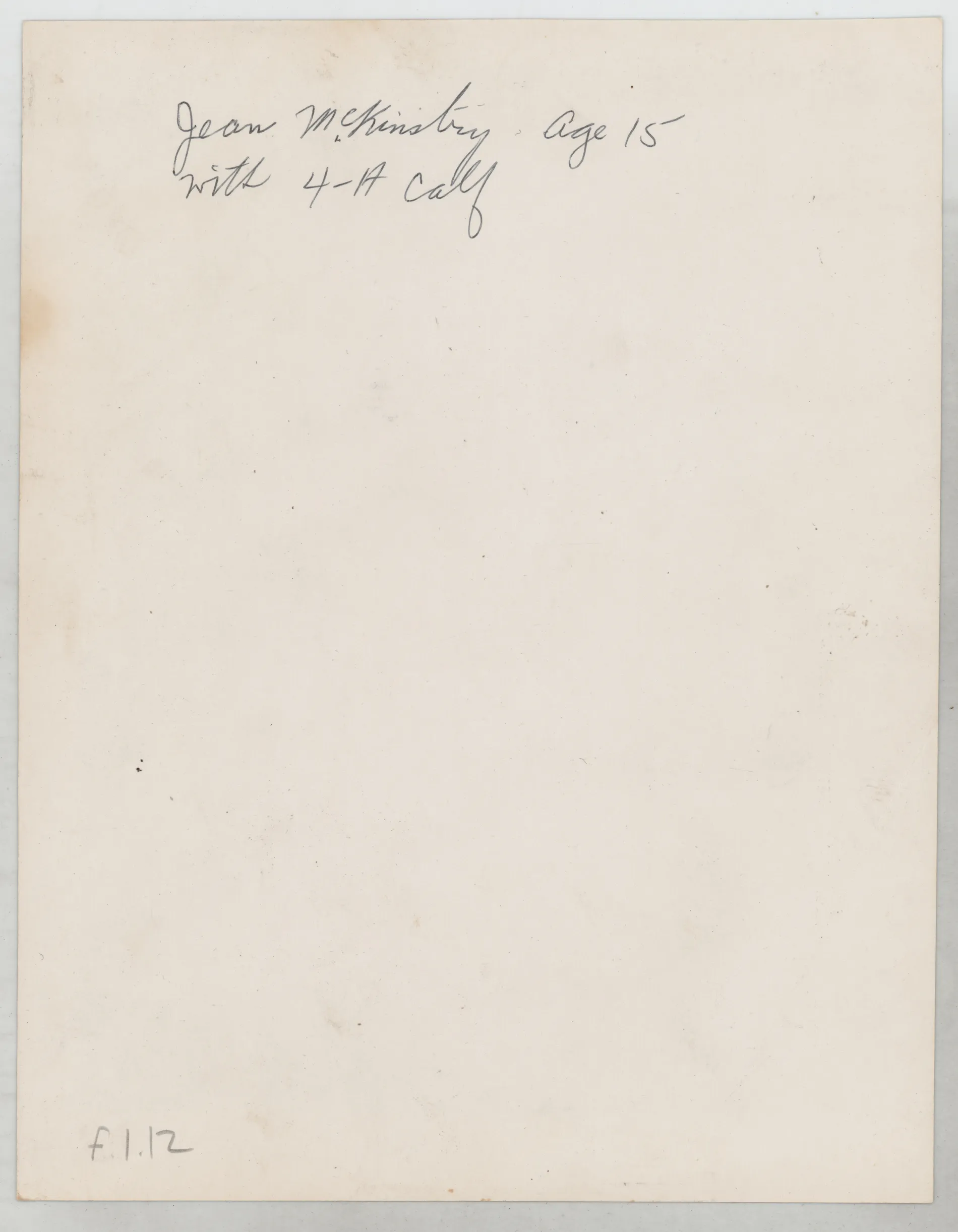 Verso: [Jean McKinstry with 4H calf, circa 1938]