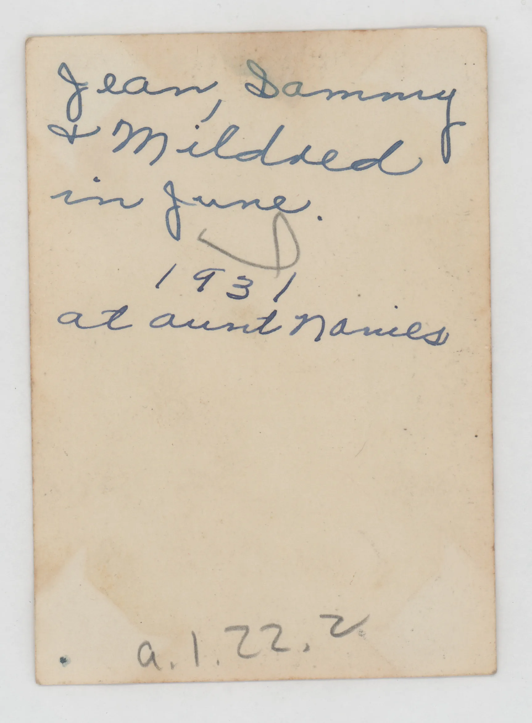 Verso: Jean, Sammy, + Mildred in June 1931 at Aunt Nannie's