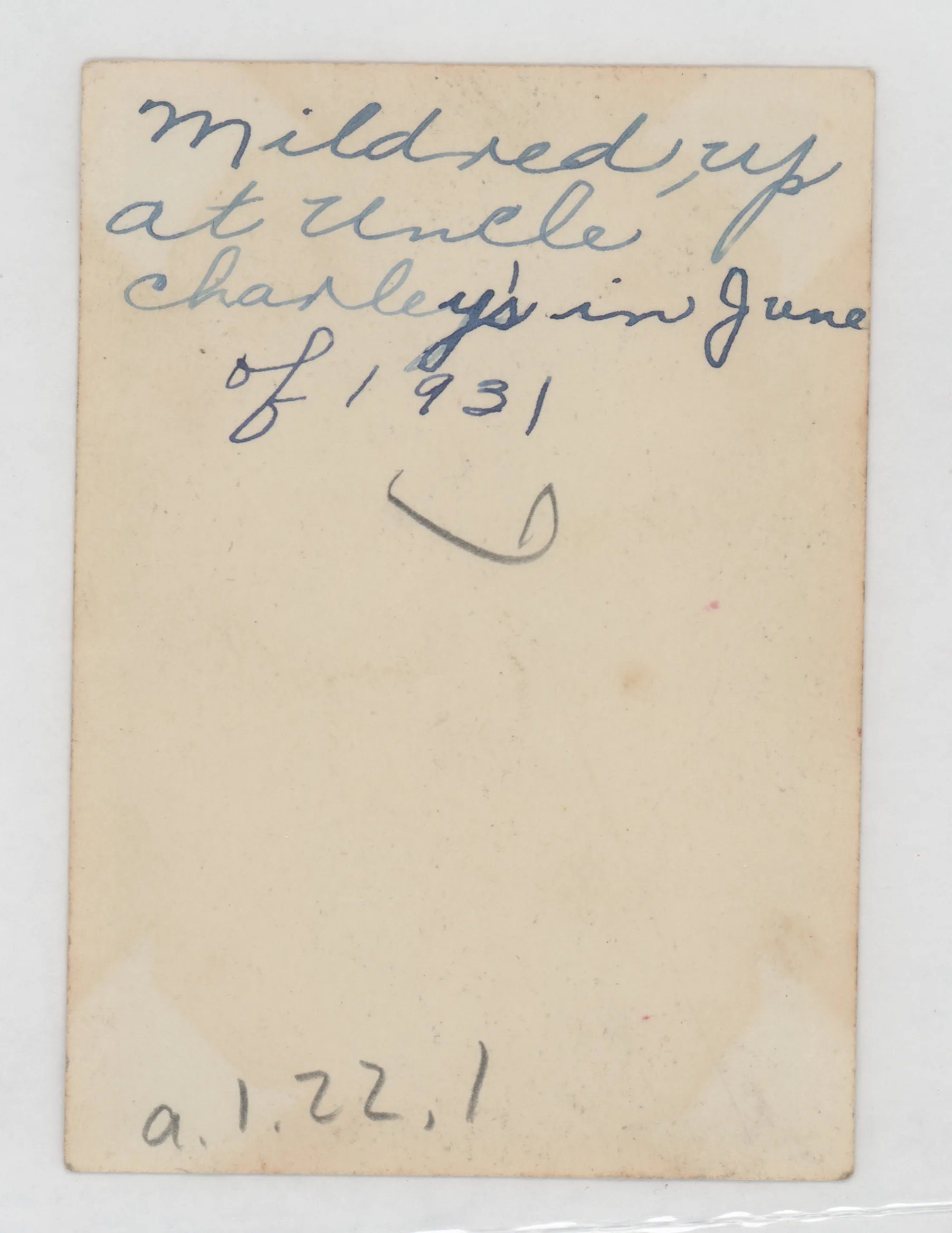 Verso: Mildred up at Uncle Charley's in June of 1931