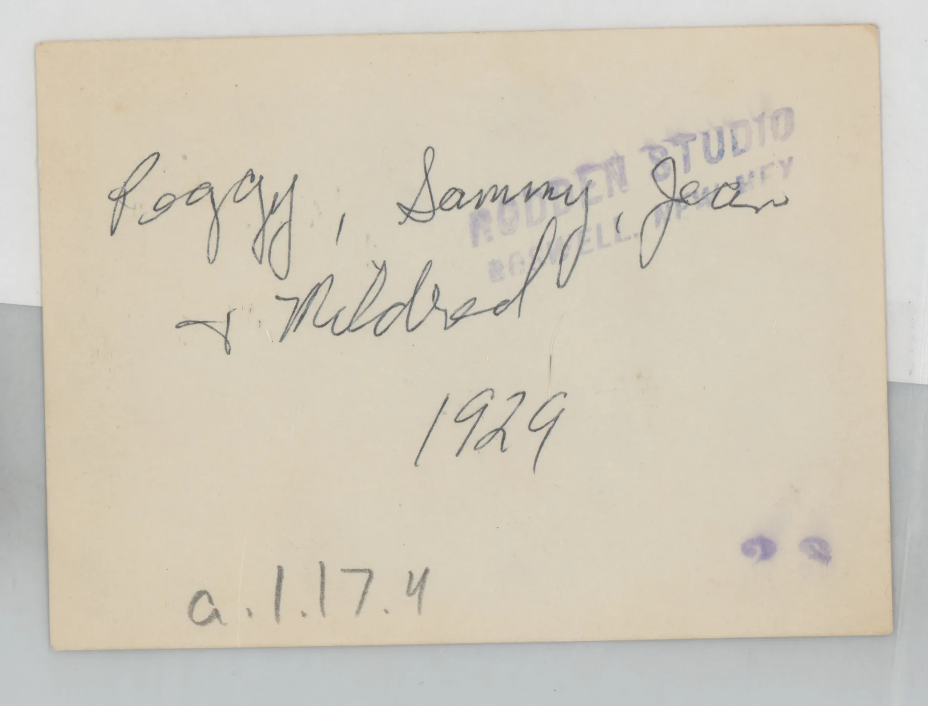 Verso: [Peggy, Sammy, Jean, and Mildred McKinstry]