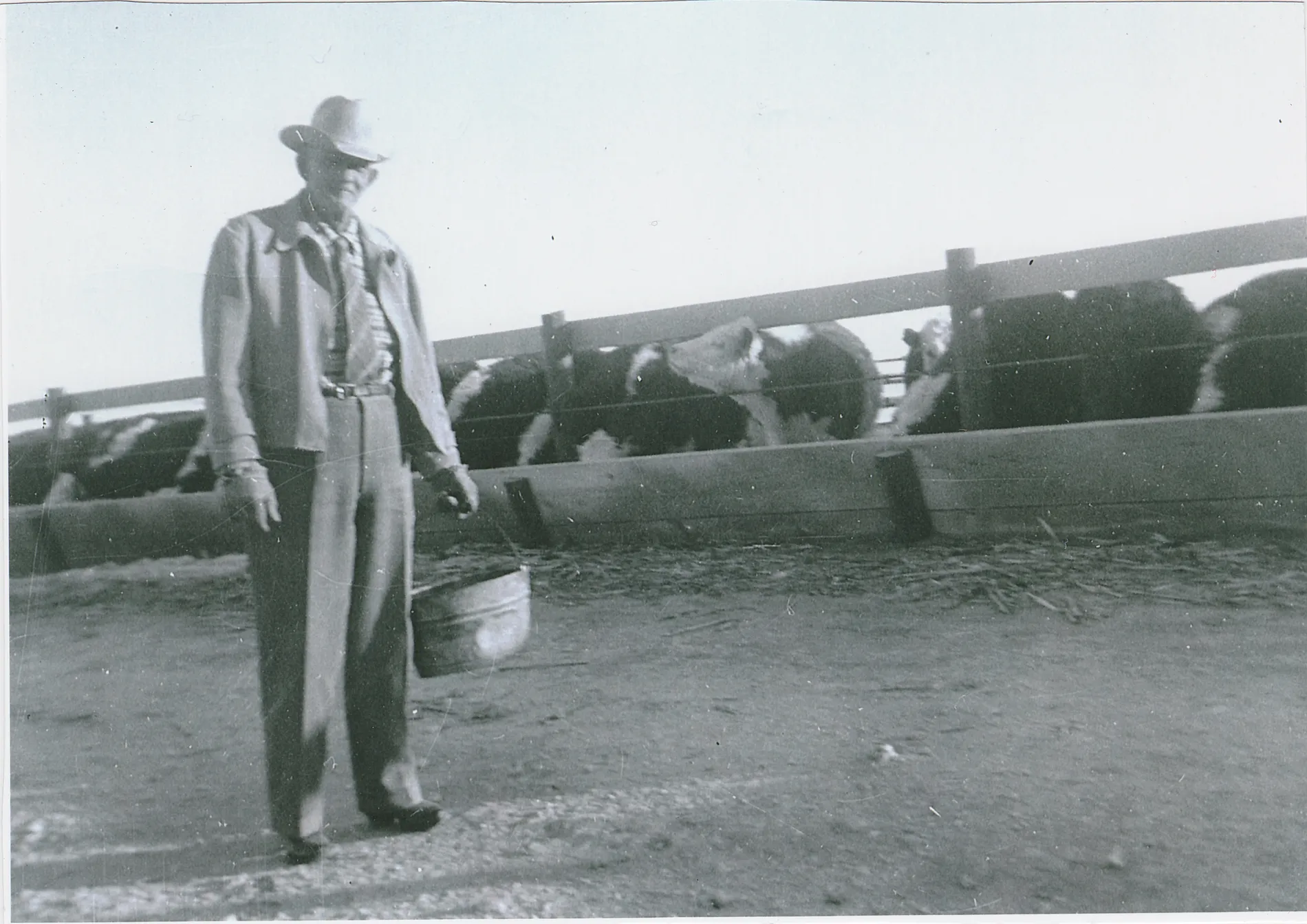 This photograph shows Sam McKinstry with a pail new some cattle troughs.