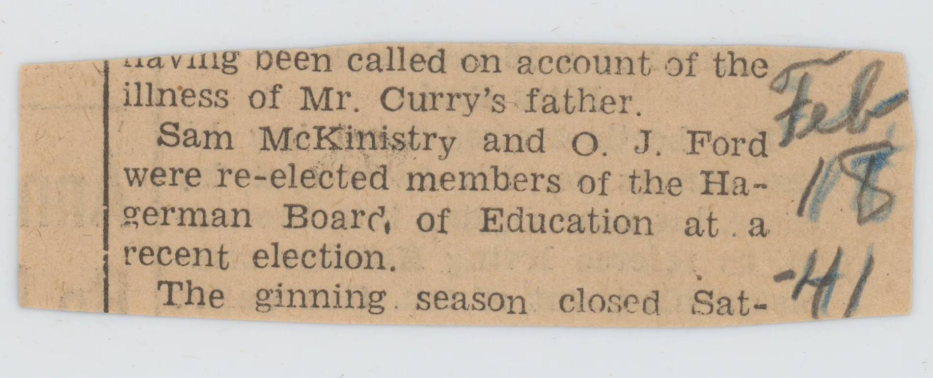 This 1941 newspaper article mentions the re-election of Sam McKinstry to the Hagerman Board of Education