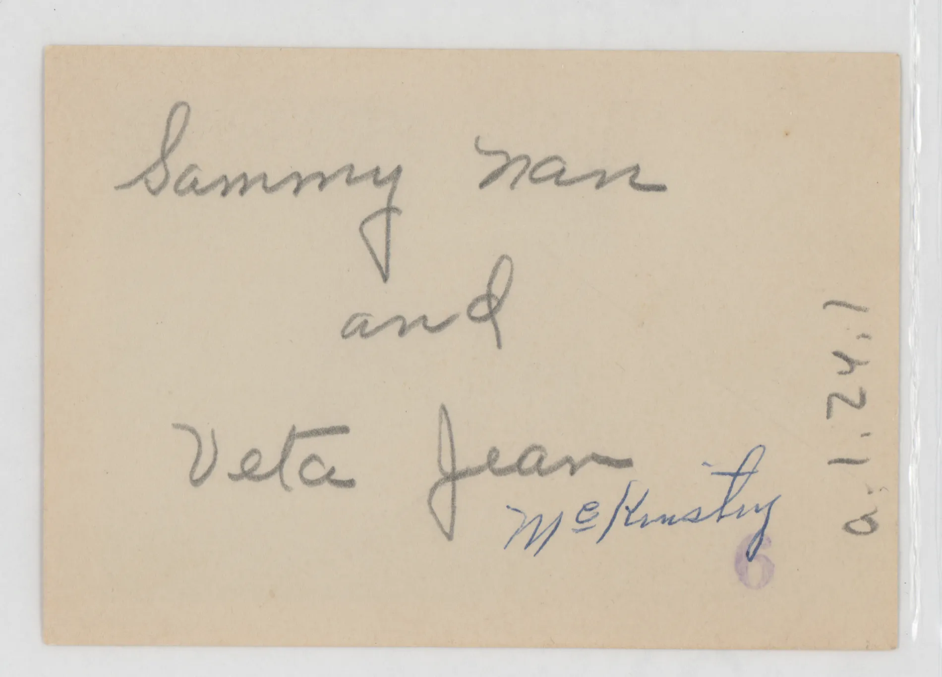 Verso: [Sammy and Jean McKinstry on the porch]