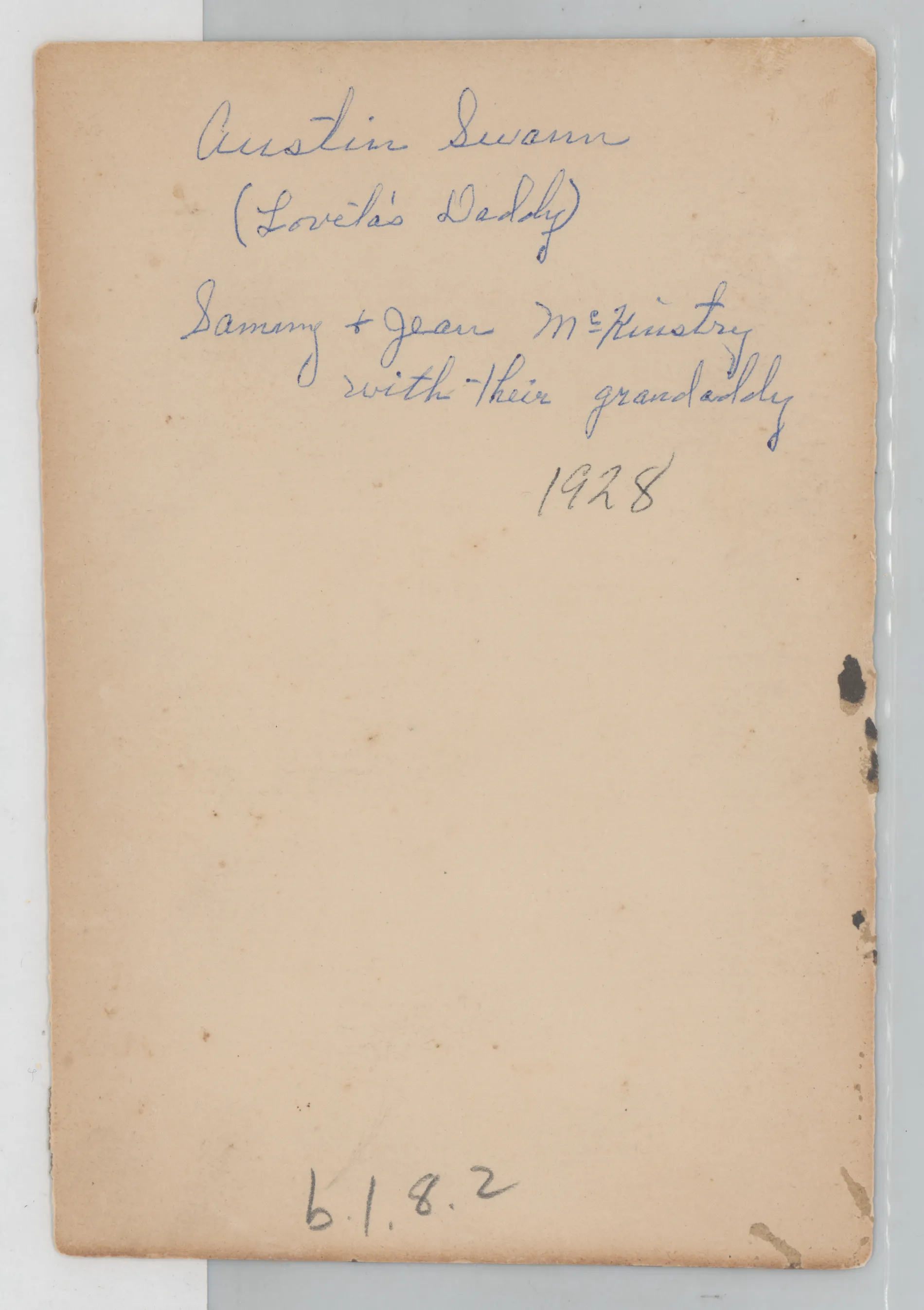 Verso: [Austin Swann with granddaughters Sammy and Jean McKinstry]