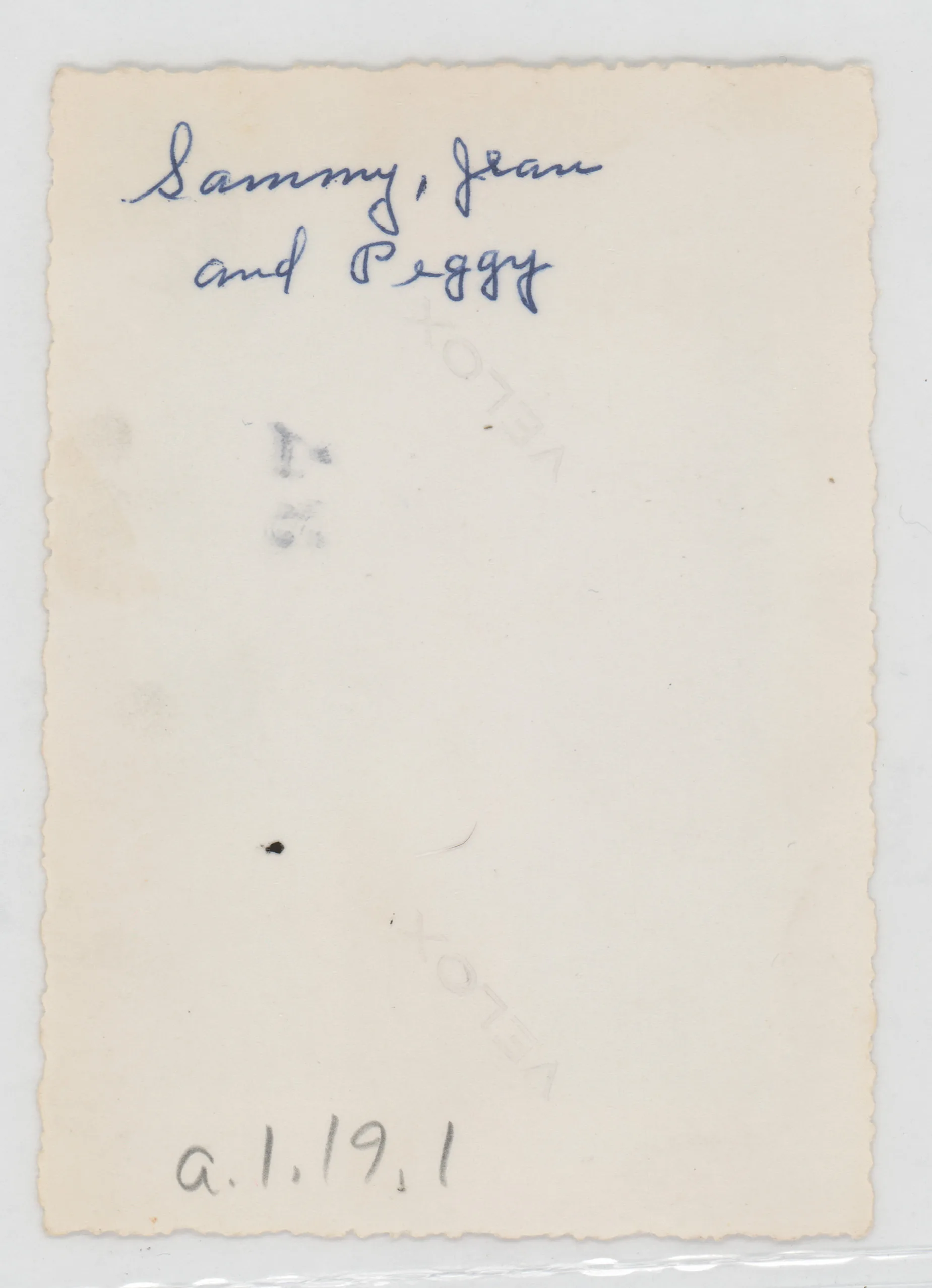 Verso: [Sammy, Jean, and Peggy McKinstry in front of fence and bushes]