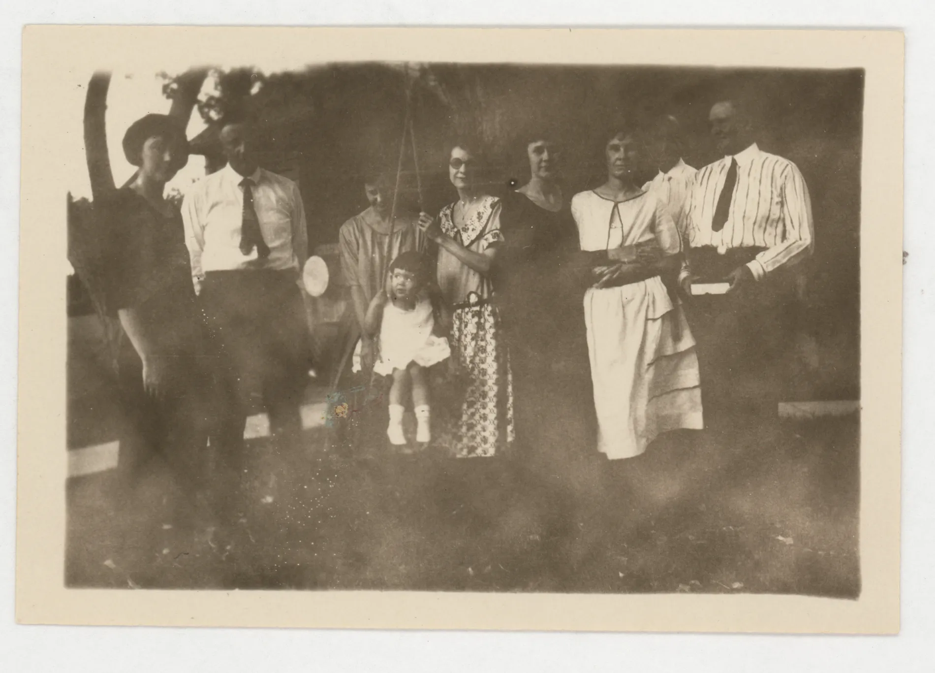 This photograph depicts a group of McKinstry and Swann men and women. Eva Swann West and Minnie Swann McKinstry are plainly visible, as is Sammy McKinstry. The others are difficult to identify. The two men could be Sam and Jim McKinstry, but they could be brothers, as well. The other women are also unidentified.