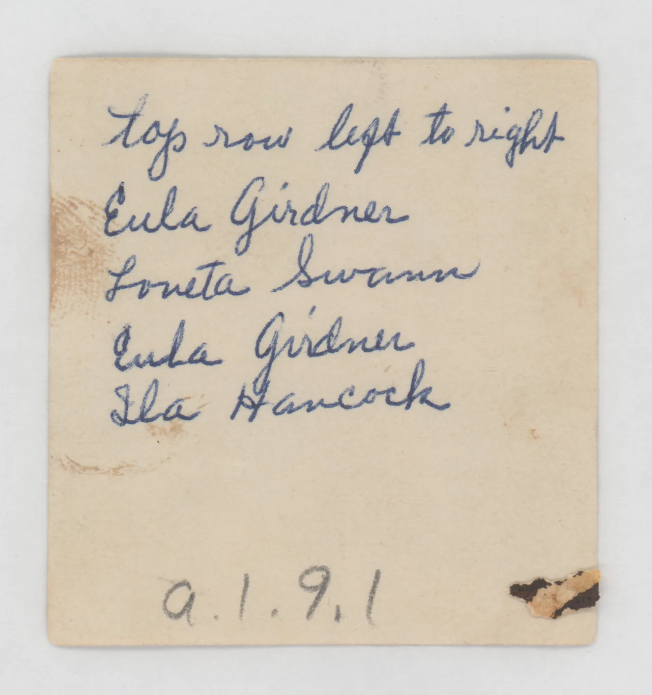 Verso: [Eula Girdner, Loveta Swann, Ila Hancock]
