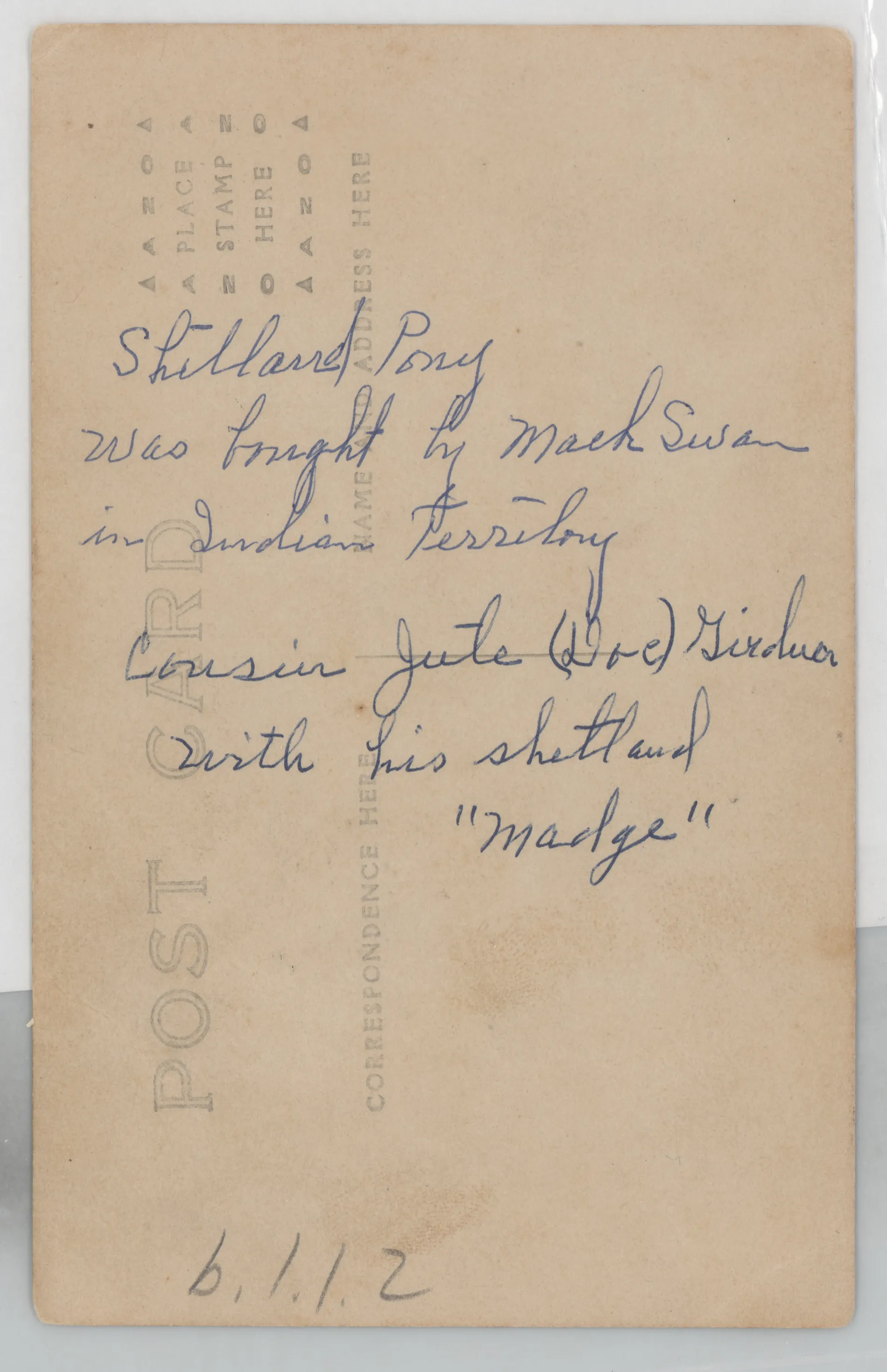 Verso: [Charlie Girdner with horses and car next to a barn]