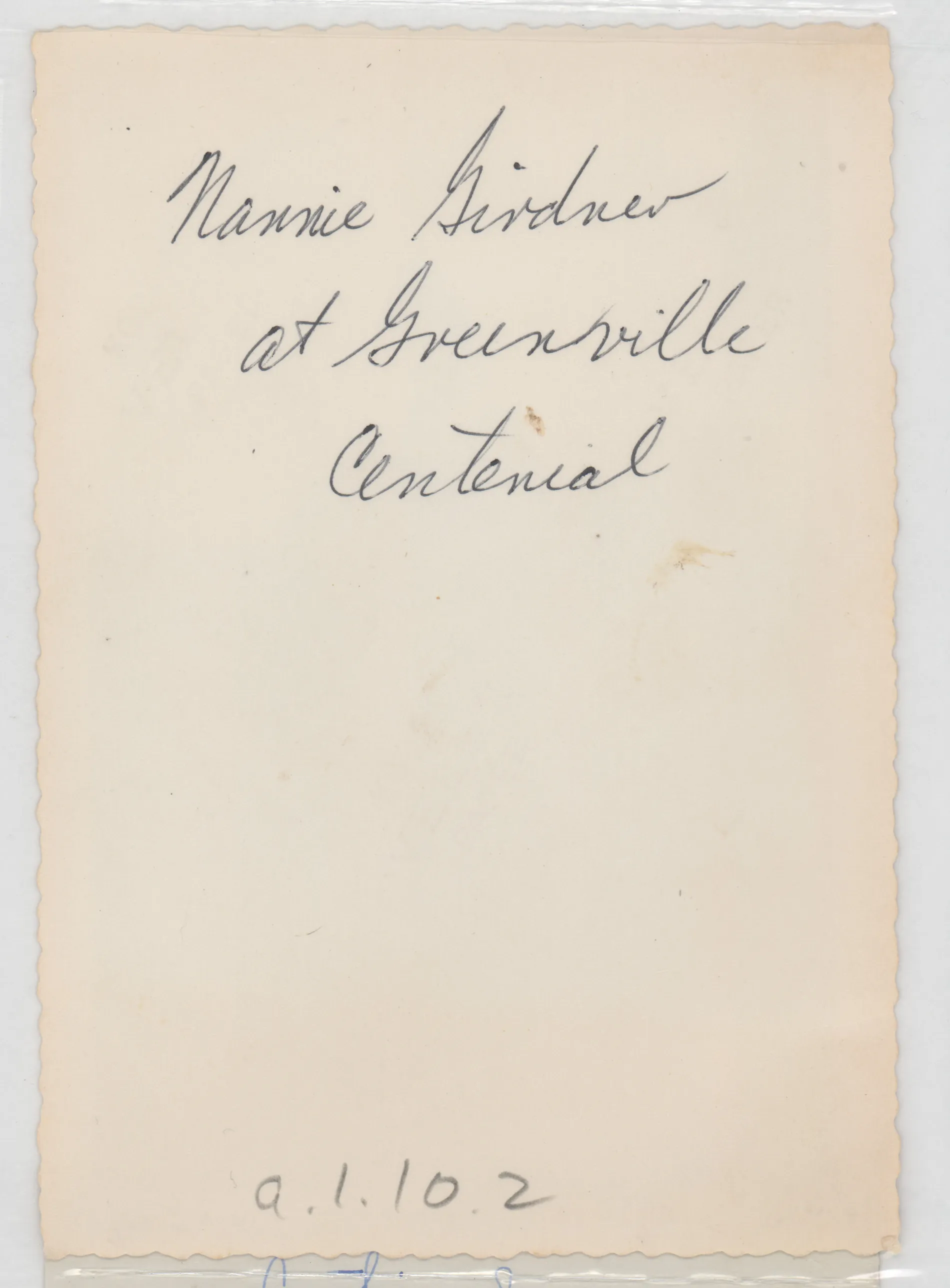 Verso: Nannie Girdner at Greenville Centennial
