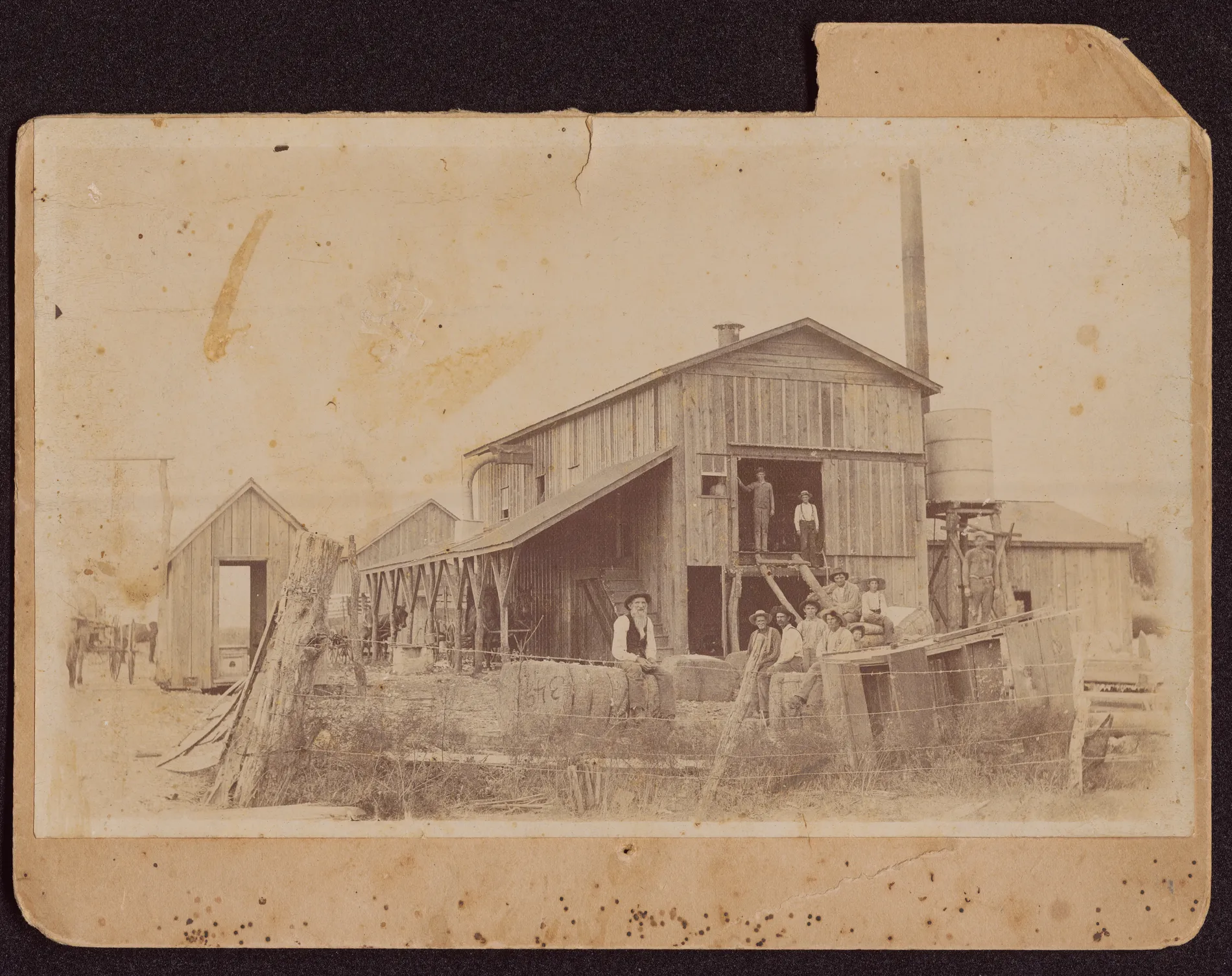 A wooden cotton gin complex photographed from across a wire fence. The two-storey gin house stands at centre right with a tall metal stack beside it and an elevated water tank on a timber frame; a long open shed on posts runs off to the left, with a smaller gabled building beyond it and a horse and buggy at the far left. Two men stand in the upper doorway of the gin house at the head of a plank stair. Baled cotton is stacked in the foreground, one bale stencilled 345, with about a dozen men and boys posed on and around the bales - an older bearded man in a light shirt and dark vest seated at centre. Rough grass and cut timber in front of the fence. The mount is chipped and foxed, with a notch cut from the upper right corner and a scatter of dark spots along the lower margin.