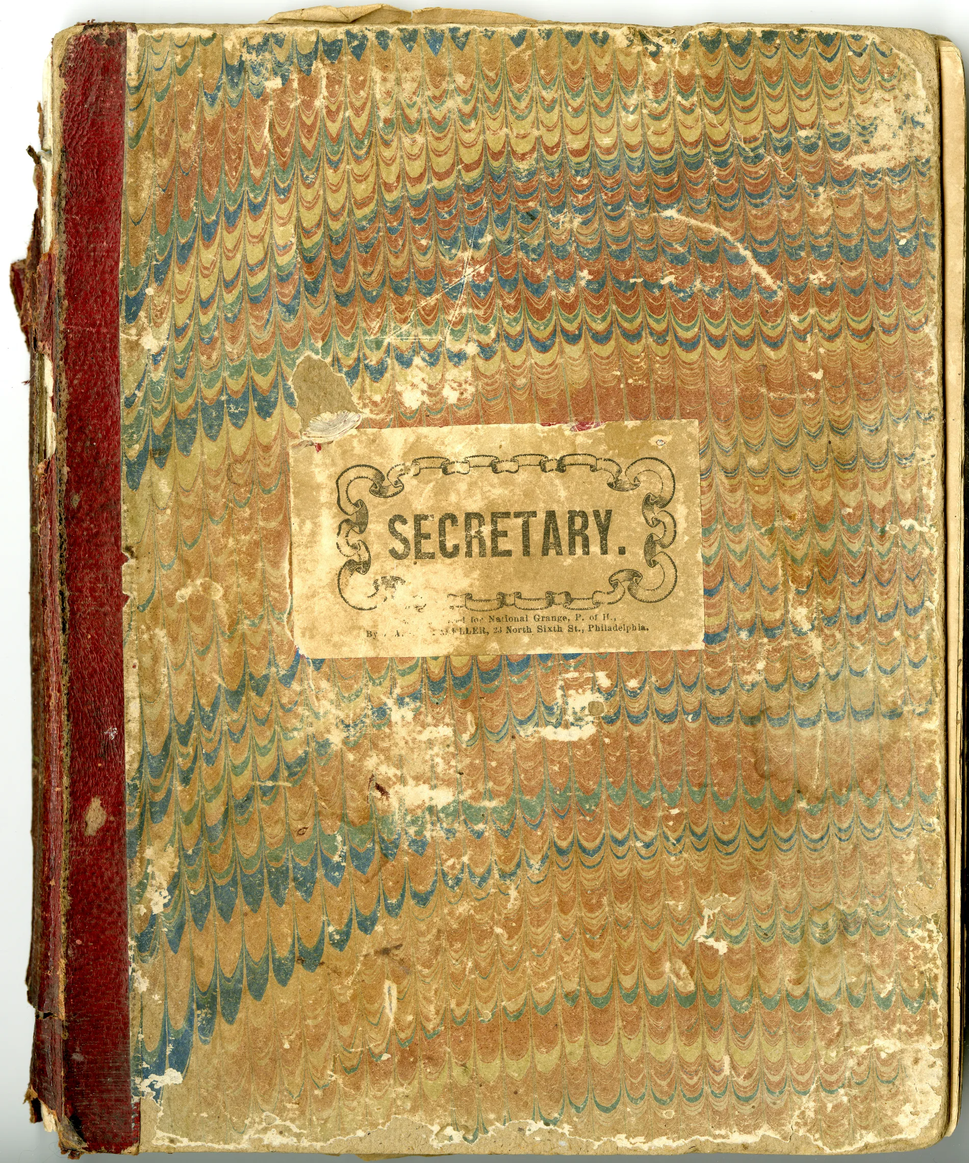 Front cover of [Minutes of the Midway Grange No.1351]. This secretary's journal holds the minutes for the Midway Grange organization starting in 1883 with bulk dates to 1886. Some looses heets date to 1890, but the book itself dates mostly from 1883 to 1886. Loose sheets include information about dues, membership, etc. Nicolas A. "Abe" Swann was the organization's secretary for the majority of its meetings.