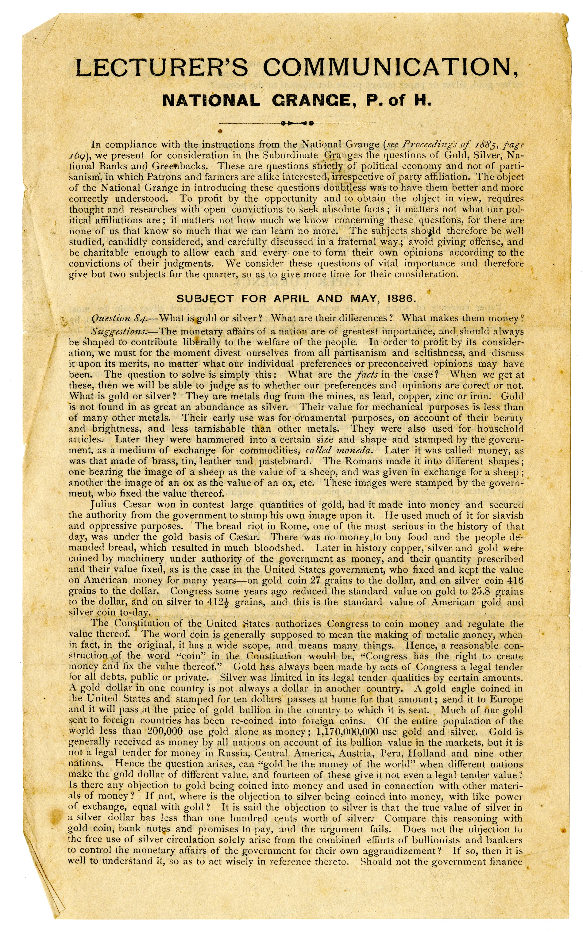 Lecturer's Communication Recto of [Minutes of the Midway Grange No.1351]