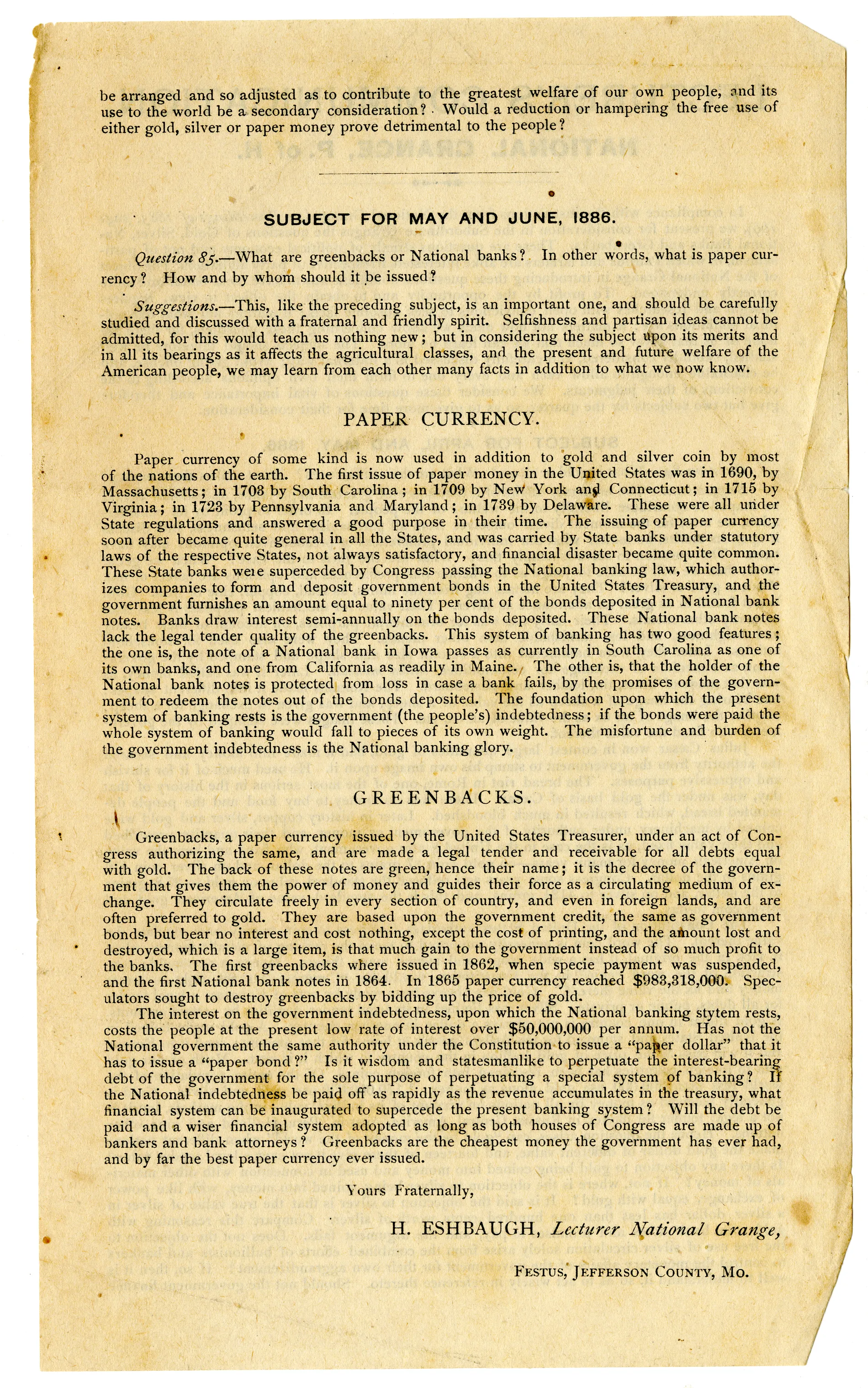 Lecturer's Communication Verso of [Minutes of the Midway Grange No.1351]