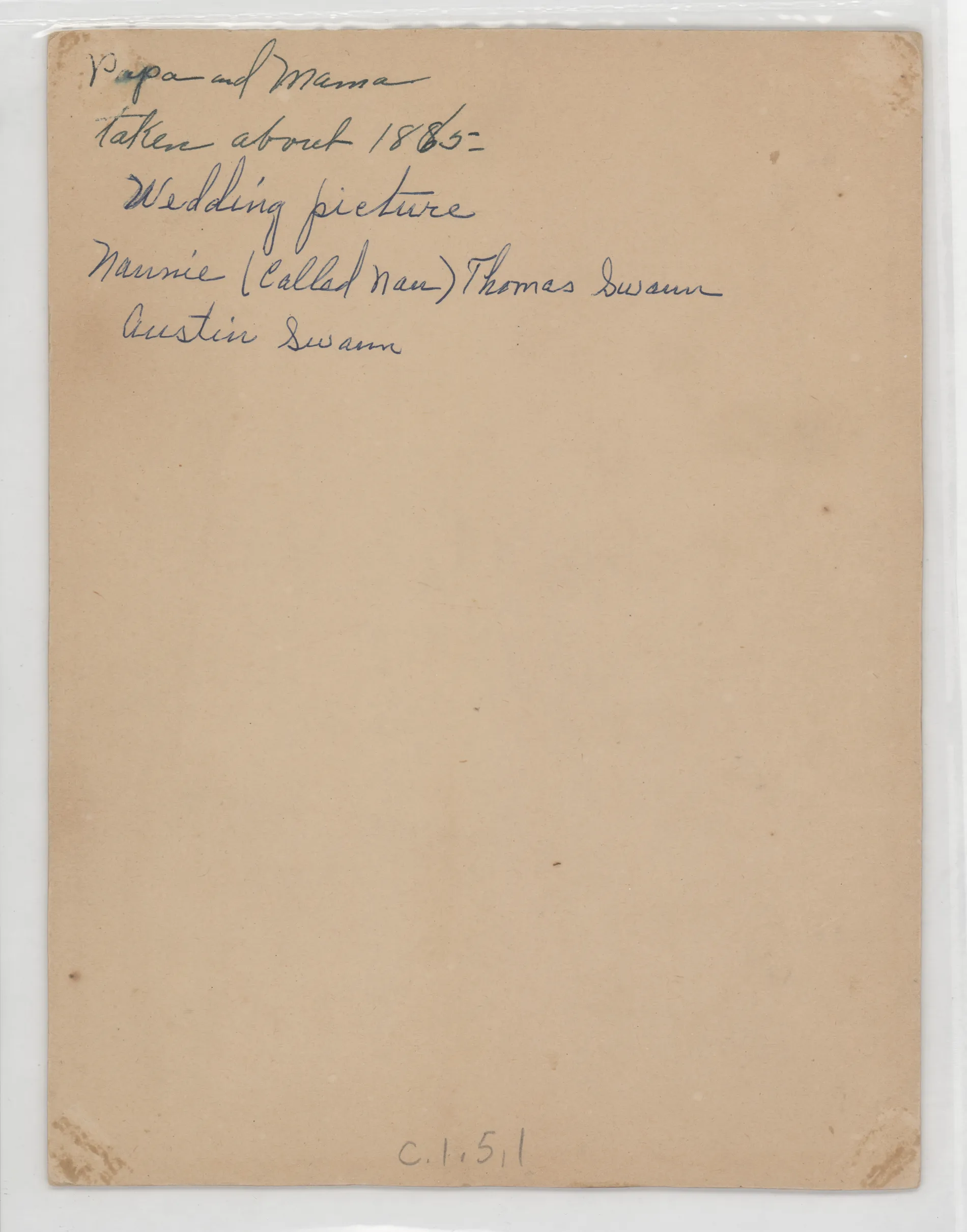 Verso: [Austin and Nannie Swann wedding photo]