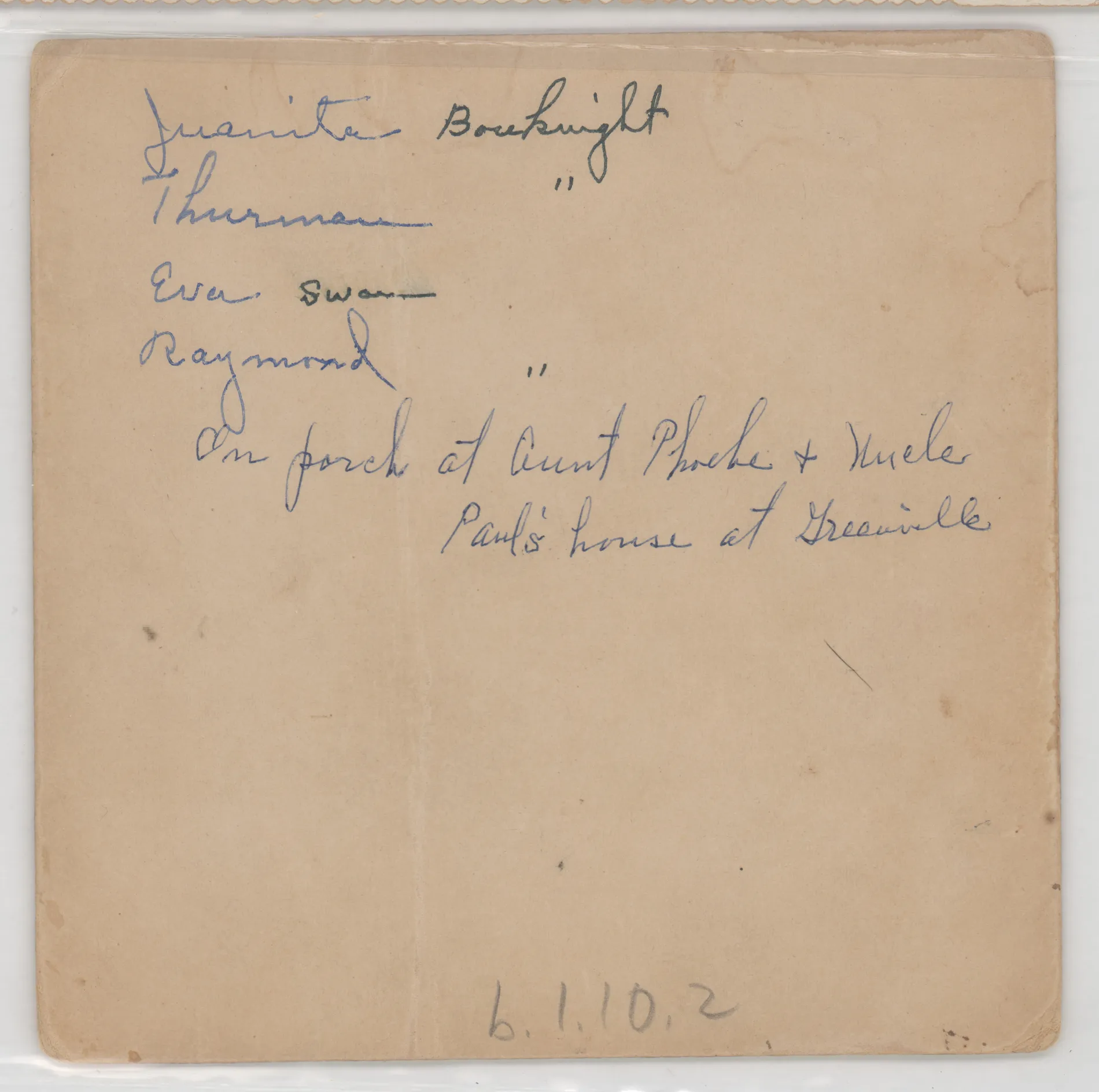 Verso: [Eva Swann with Juanita, Raymond, and Thurman Bouknight]