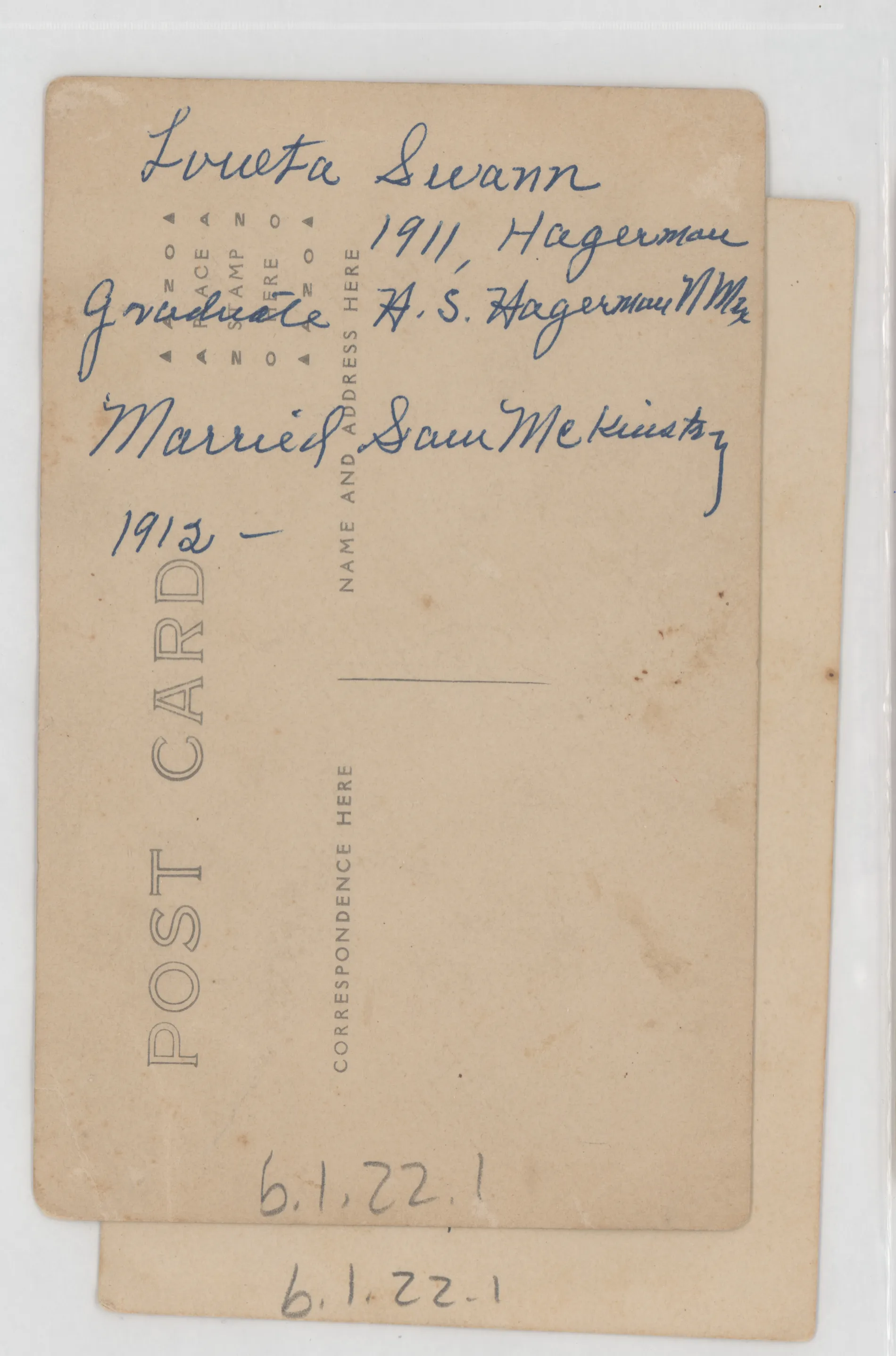 Verso: [Loveta Swann as a 1911 graduate of Hagerman High School]
