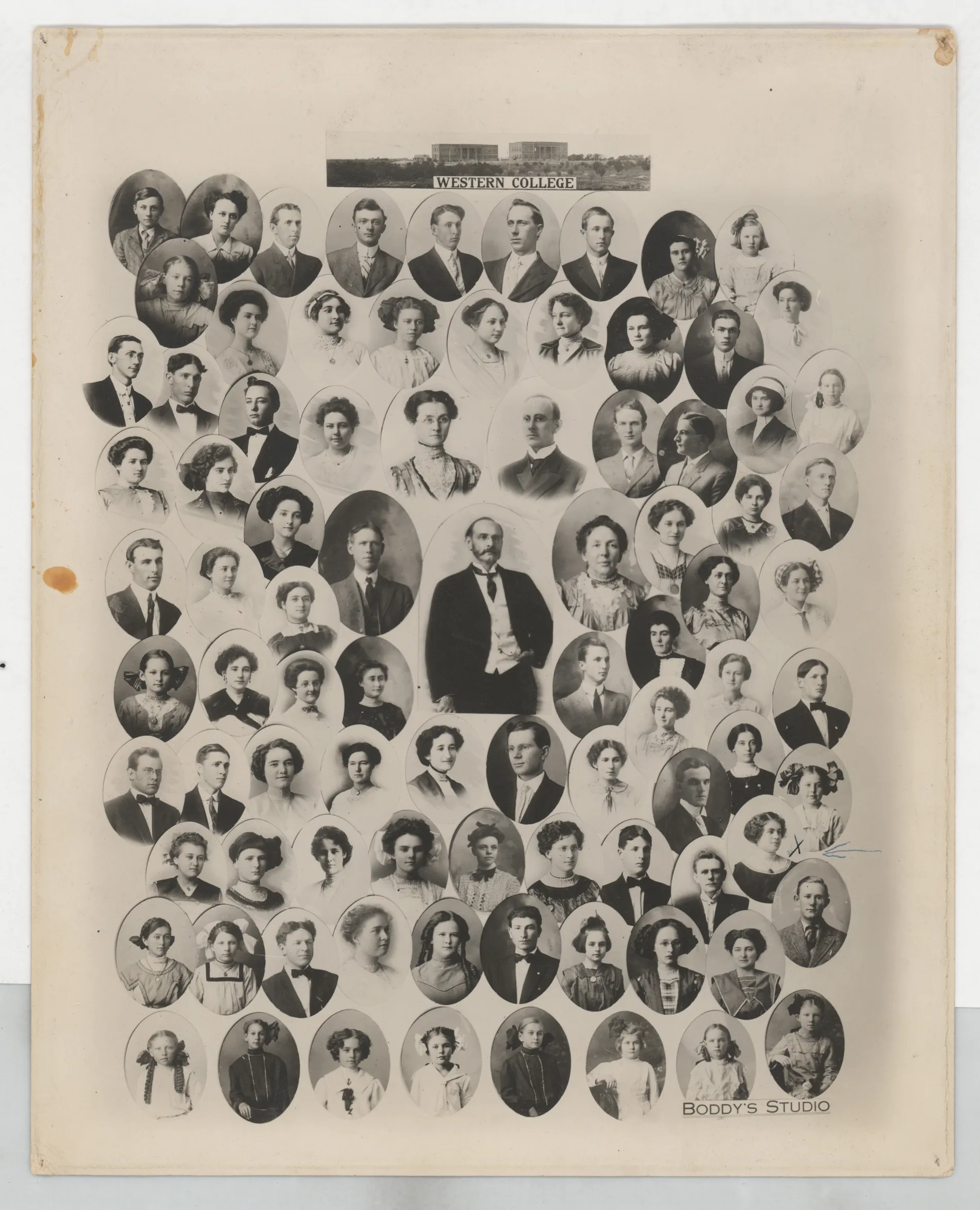 This photograph depicts Loveta Swann and her professors and fellow students at Western College in Artesia, New Mexico. Loveta is marked with an X.