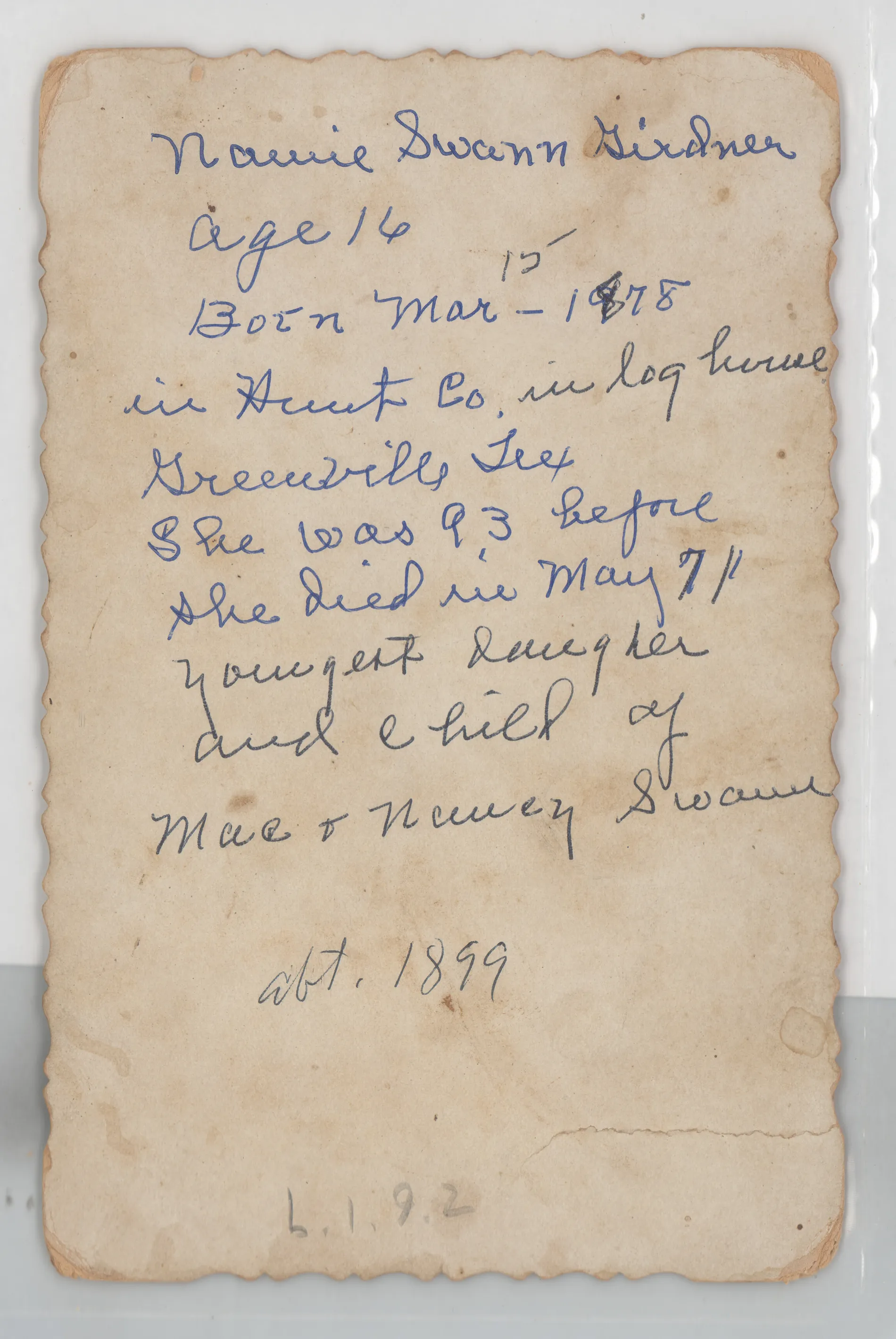Verso: [Portrait of Nannie Swann, circa 1894]