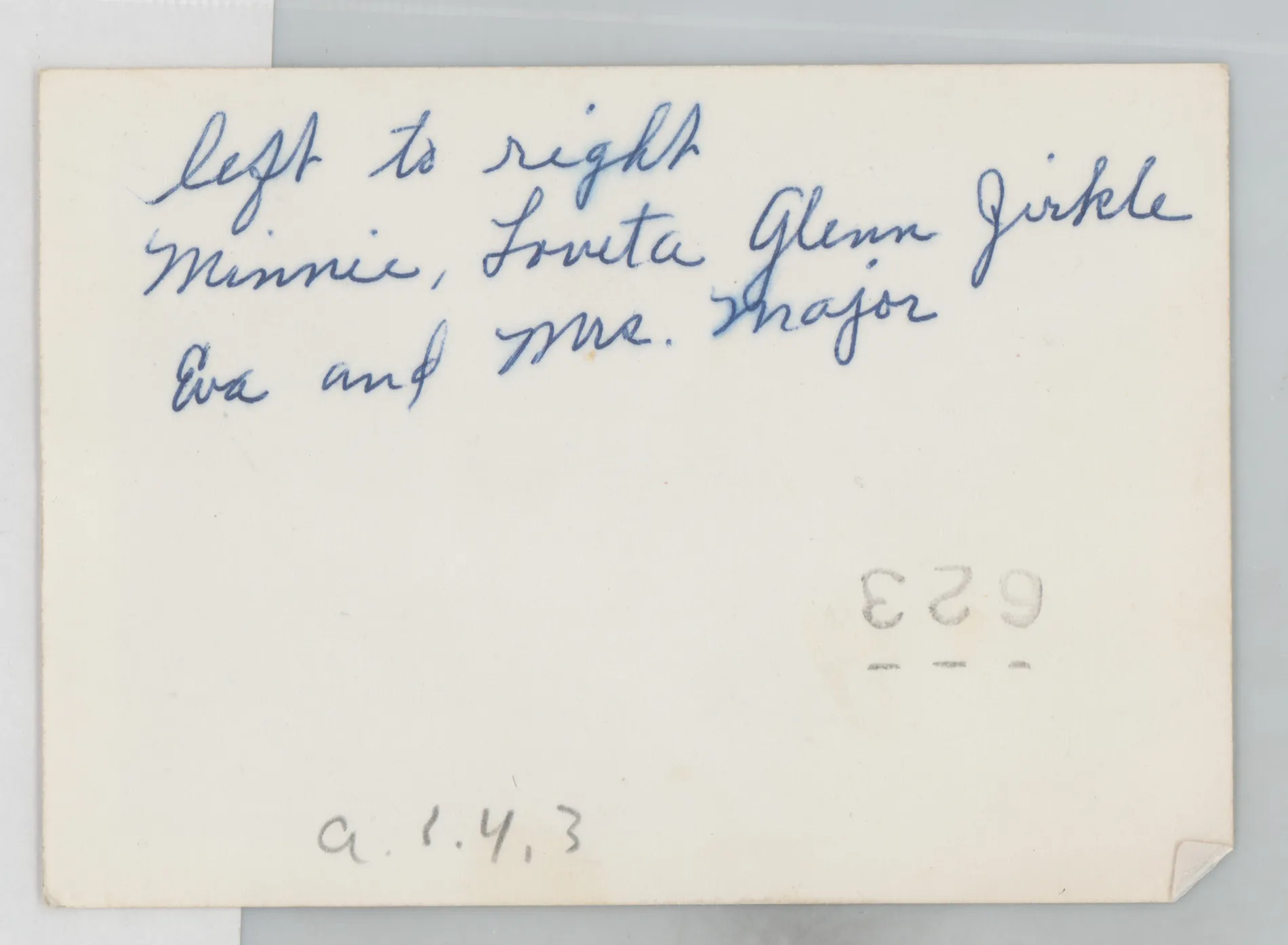Verso: Minnie, Loveta, Glenn Zirkle, Eva, Mrs. Major