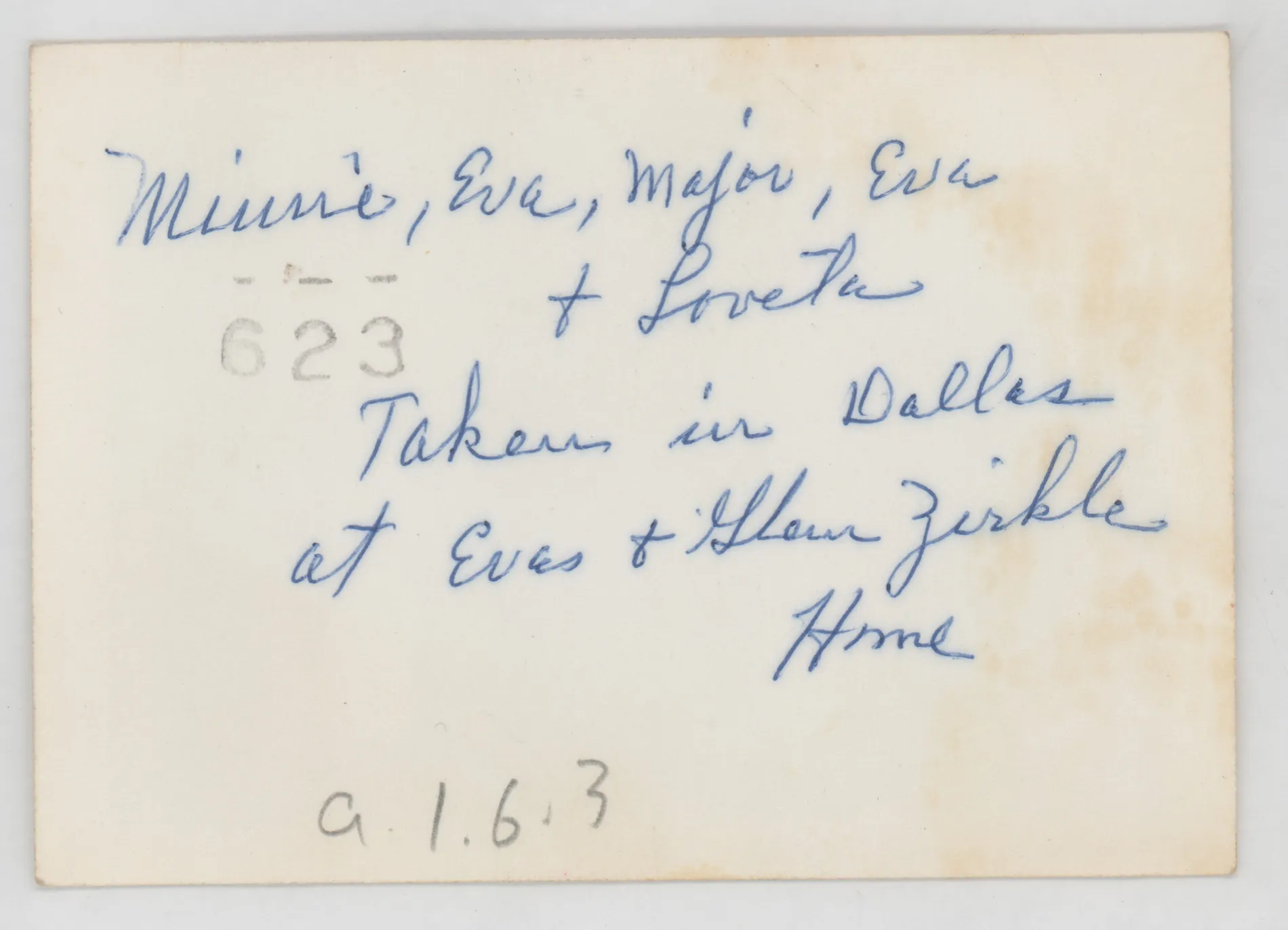 Verso: Minnie McKinstry, Eva West, Mrs. Major, Eva Major, Loveta McKinstry
