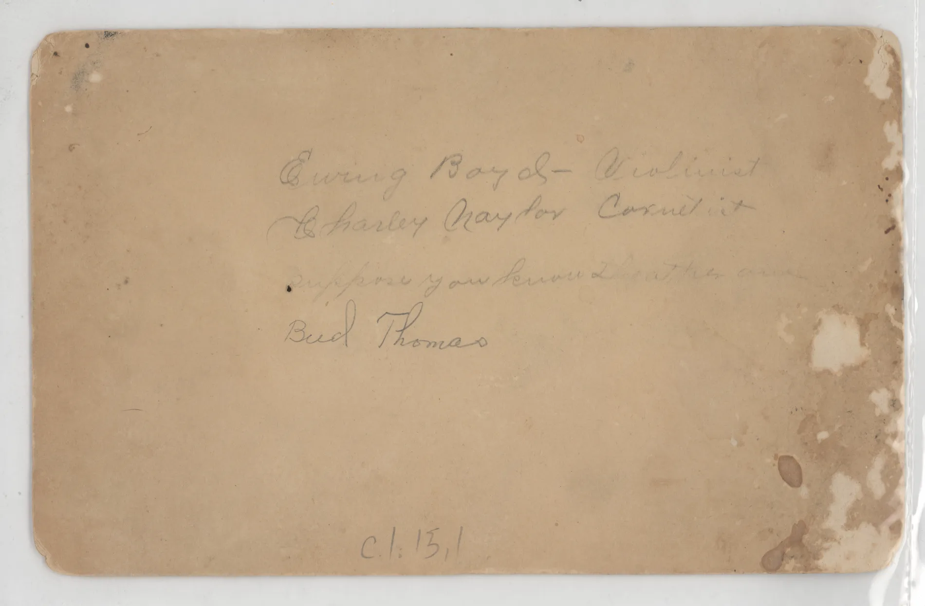 Verso: [Ewing Boyd, Charley Naylor and Bud Thomas with instruments]