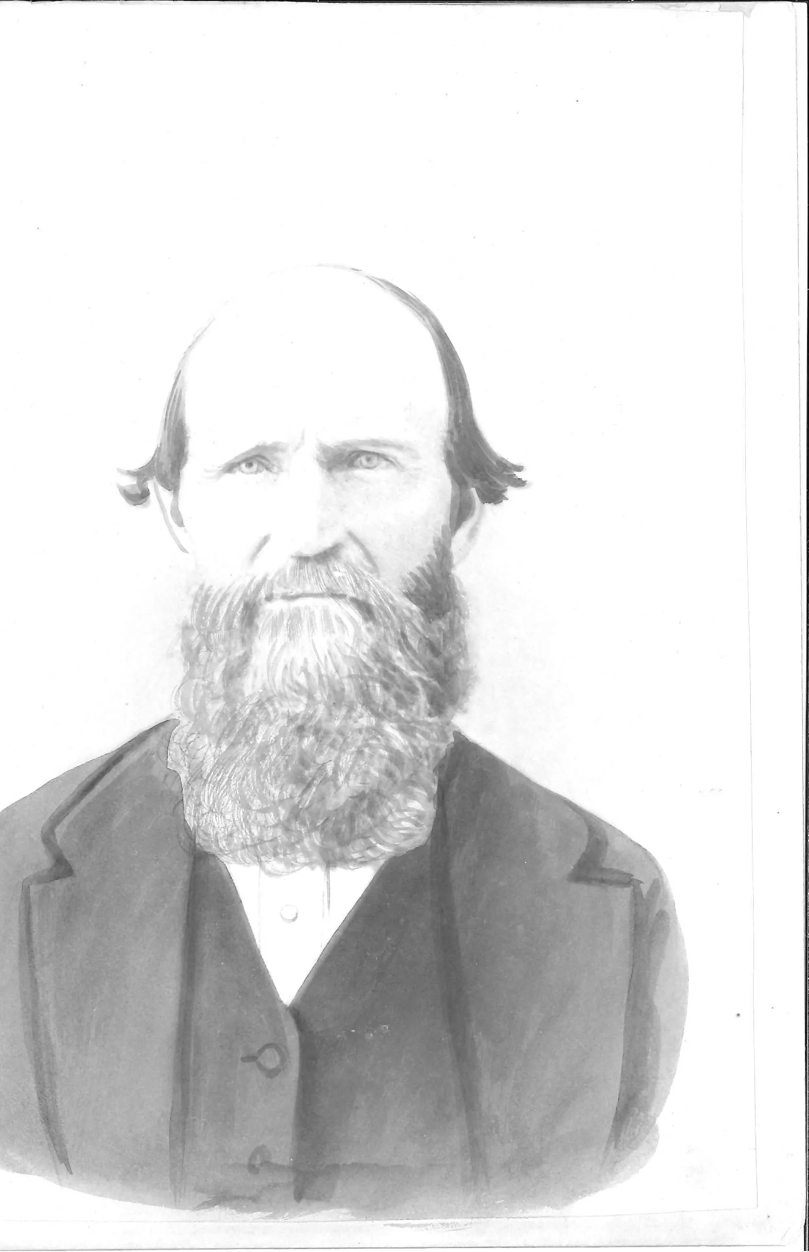 Half-length portrait of an older man facing the viewer. He is bald across the crown with long hair swept back over the ears and a full chin beard, greying at the edges, the upper lip shaved. He wears a dark coat with wide notched lapels over a white shirt with a small stud. The face is modelled in fine graphite; the coat is laid in as flat wash. The background is left blank, and a ruled border runs down the right edge and across the foot.