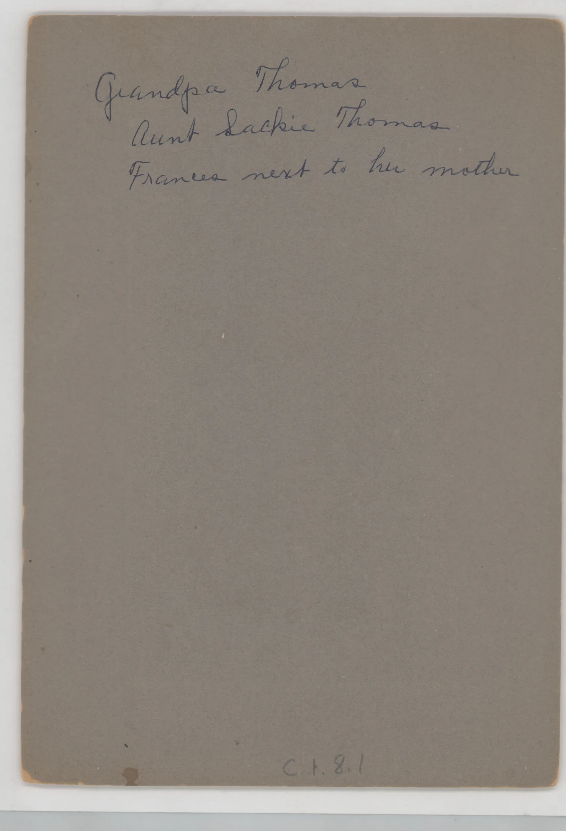 Verso: [Grandpa Thomas, Aunt Jackie Thomas, Frances next to her mother]