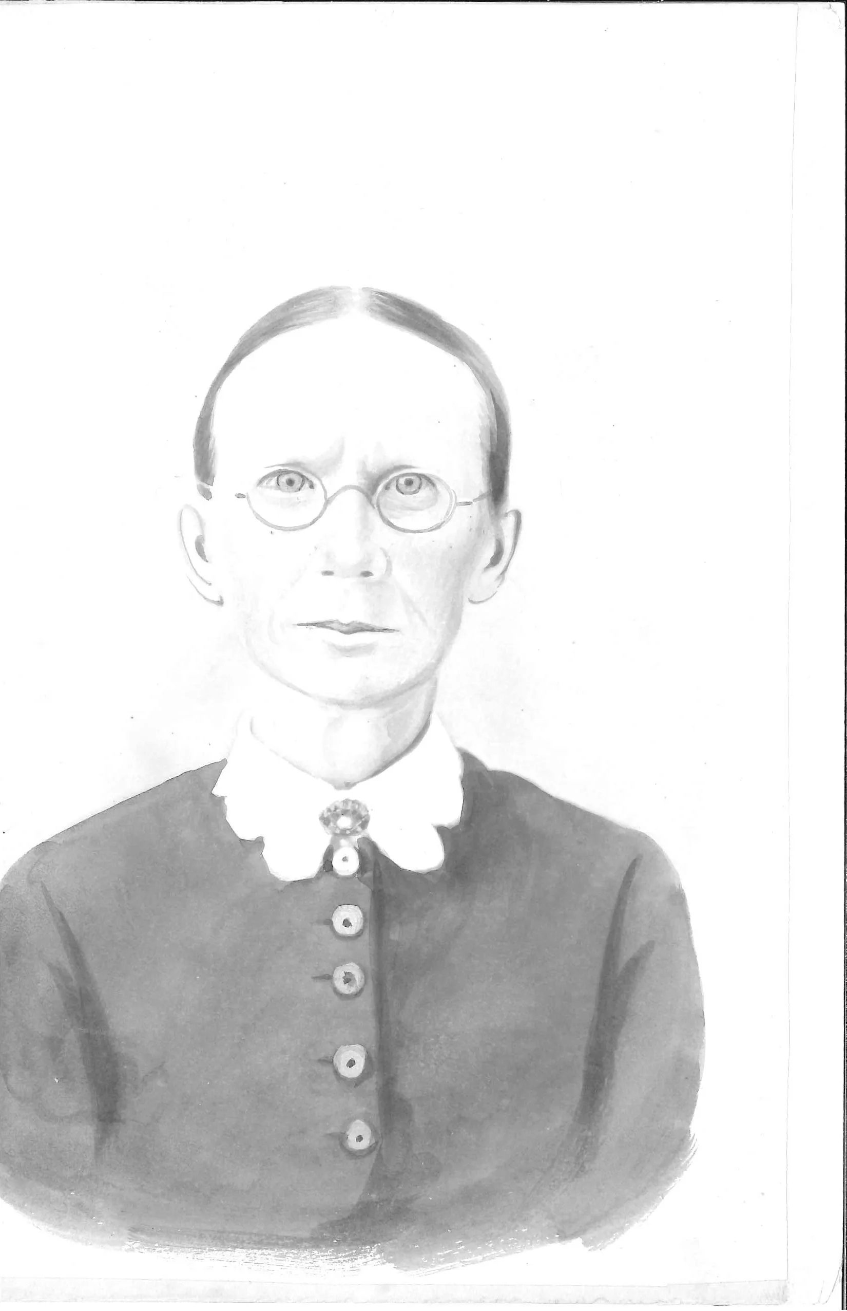Half-length portrait of an older woman facing the viewer. Her hair is parted at the centre and drawn back close to the head. She wears small oval wire-rimmed spectacles, a wide white collar with a scalloped edge, and a dark bodice buttoned to the throat with five pale buttons, a round faceted brooch at the collar. Modelled in graphite over flat wash, on a blank ground, with a ruled border at the right and foot - the same treatment and sheet size as the portrait of Benjamin B. Thomas.